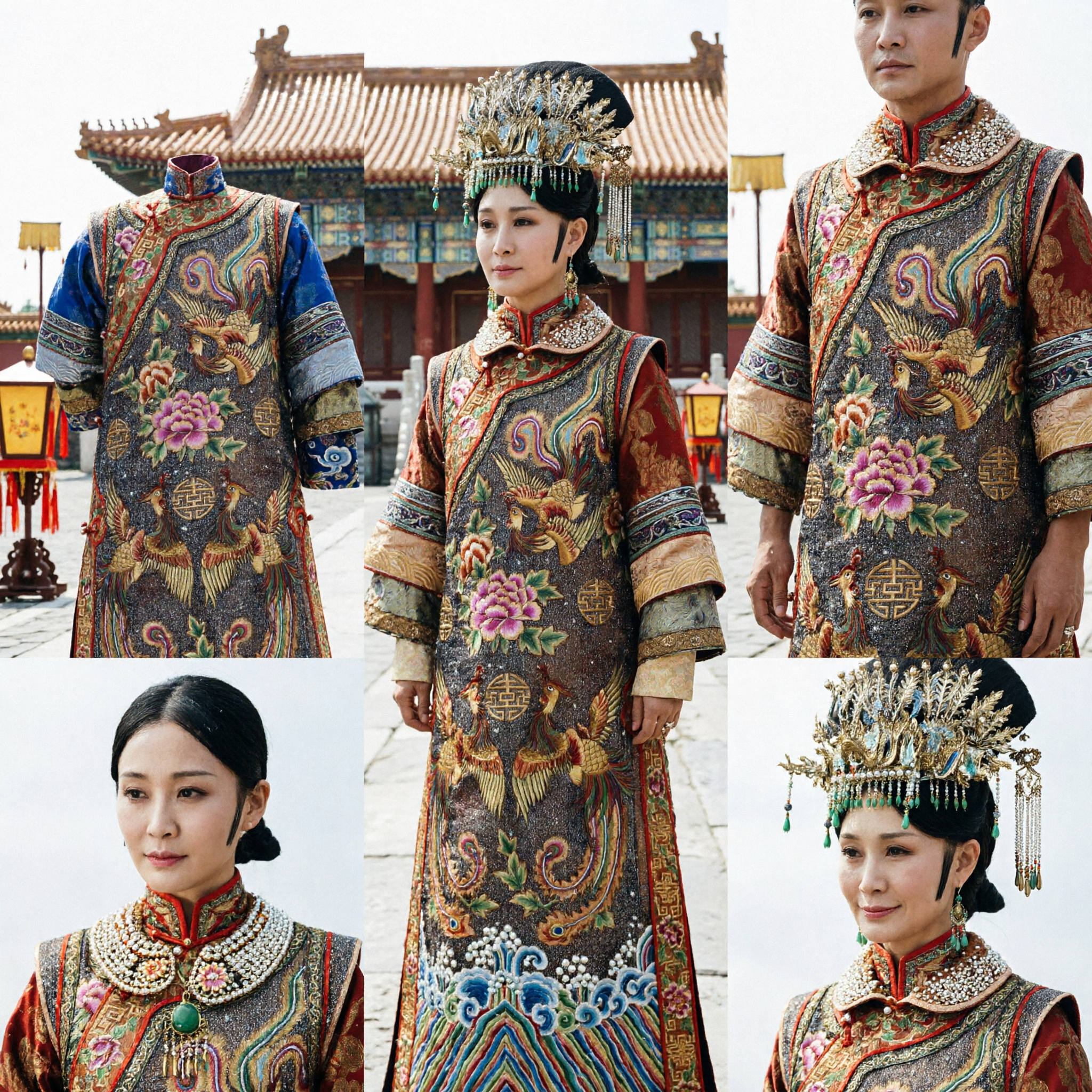 Traditional Chinese Qing Dynasty Empress Court Robe Costume with Phoenix Embroidery and Headdress for Women - Asian Costume