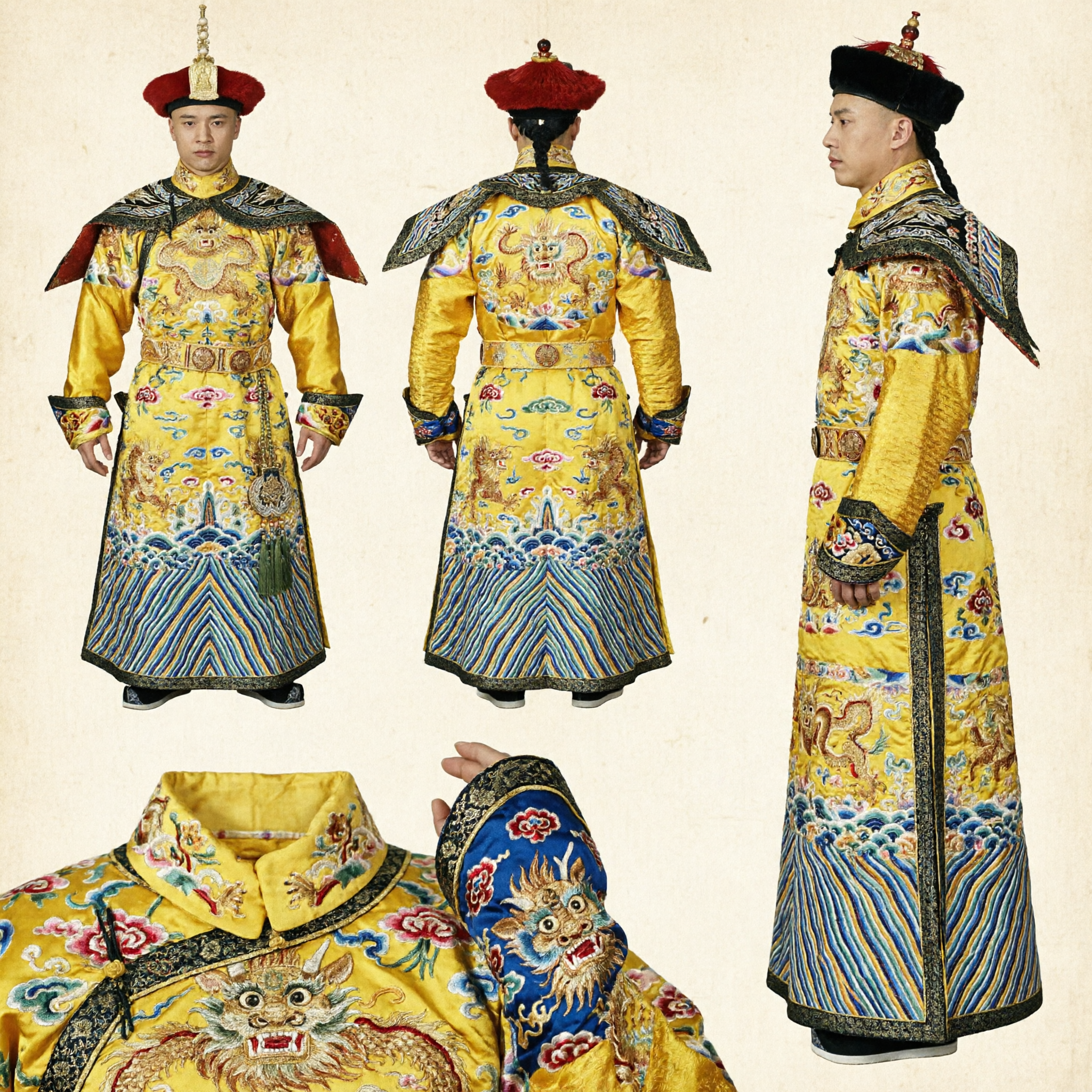 Men's Qing Dynasty Emperor Dragon Robe Costume Traditional Chinese Imperial Yellow Robe with Hat and Necklace Set - Asian Costume