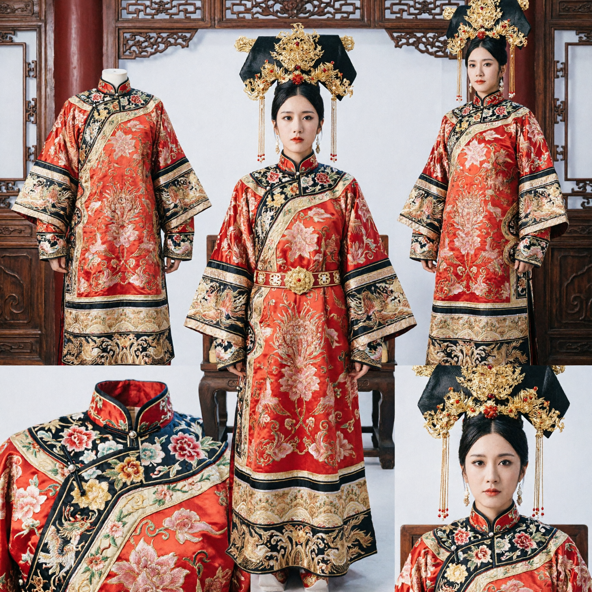 Ancient Chinese Empress Costume Red Dragon Robe with Phoenix Crown Traditional Qing Dynasty Imperial Dress for Women - Asian Costume