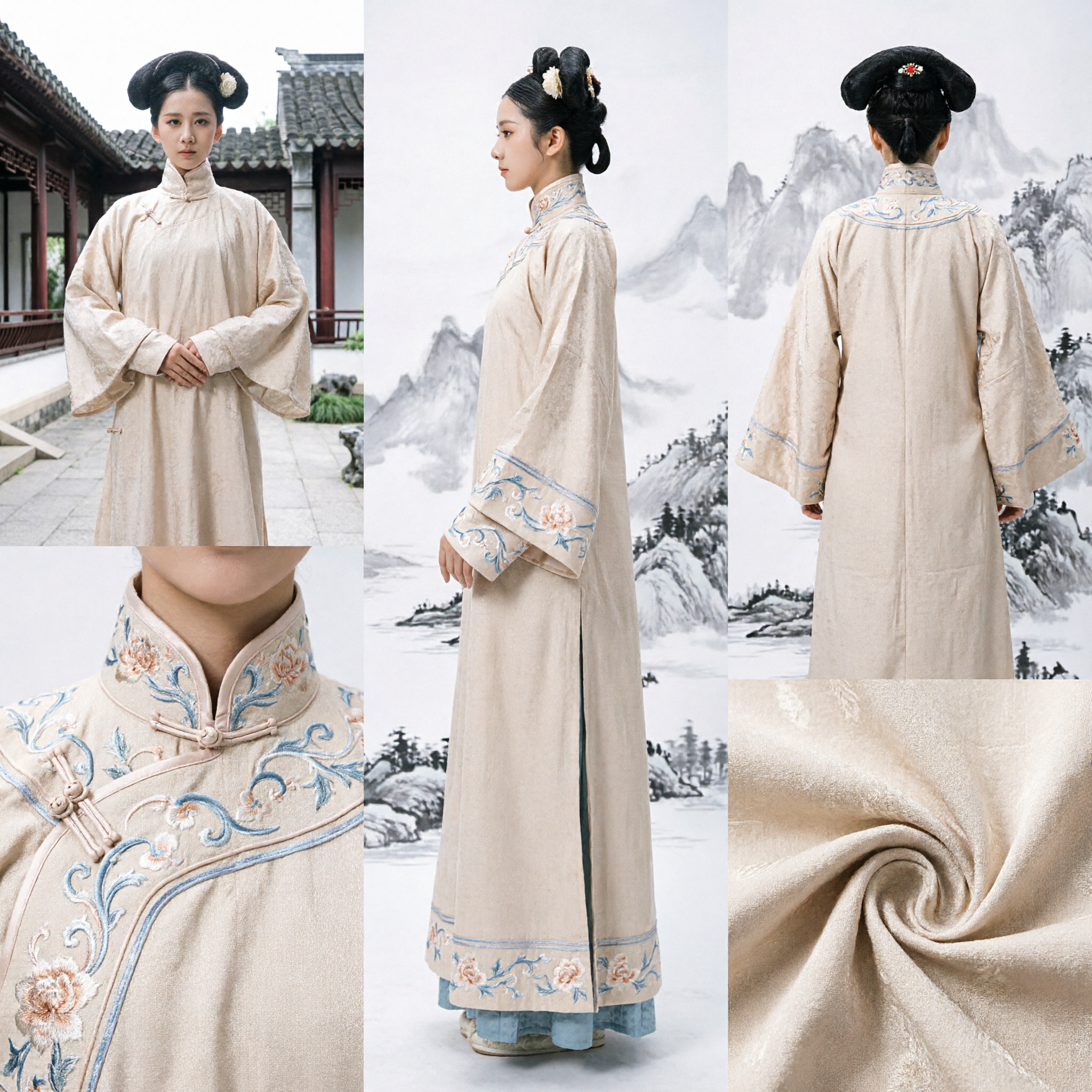 Ancient Chinese Qing Dynasty Palace Maid Costume Beige Long Robe Traditional Manchu Dress for Women - Asian Costume