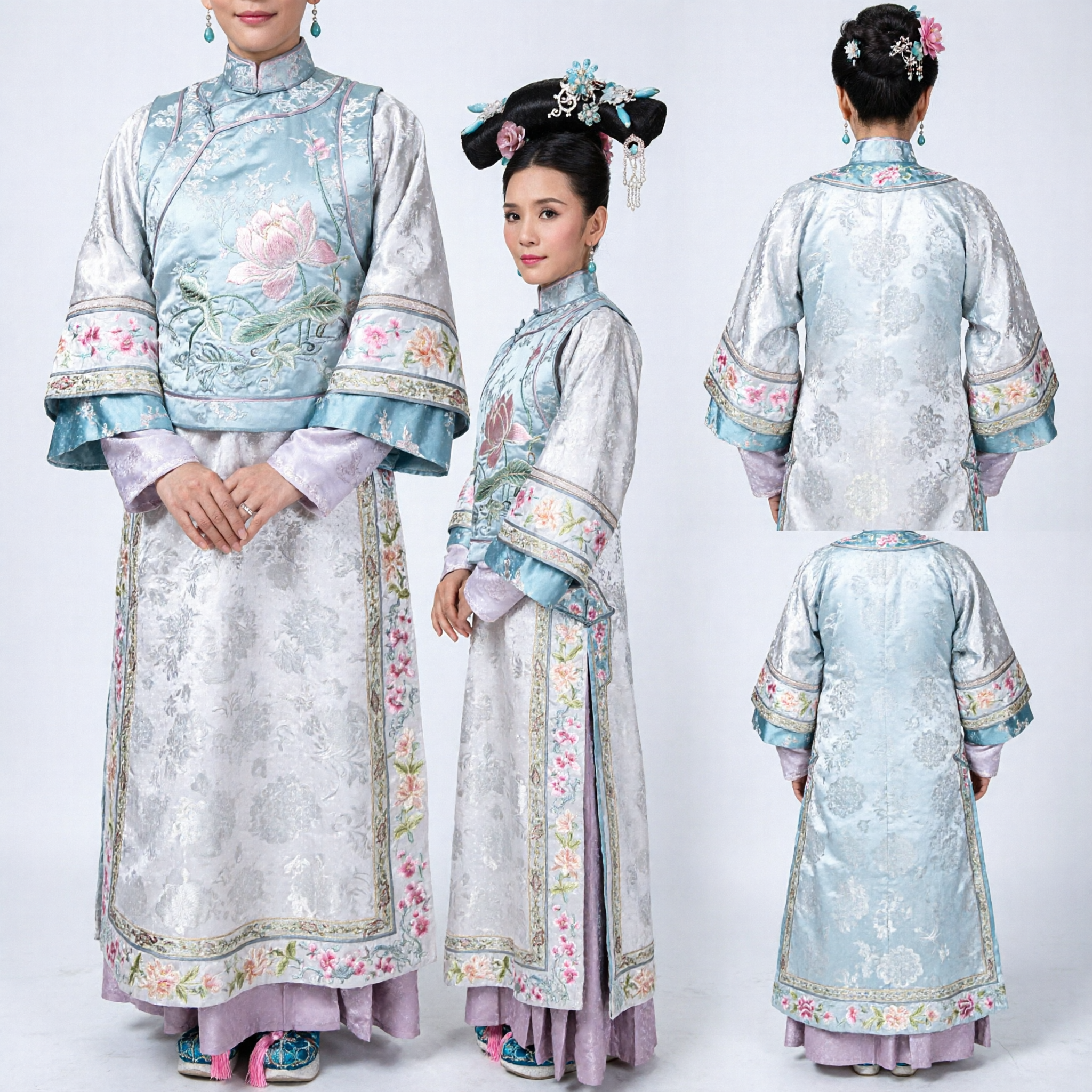 Traditional Chinese Qing Dynasty Manchu Princess Blue Floral Embroidered Robe Costume for Women Cosplay - Asian Costume