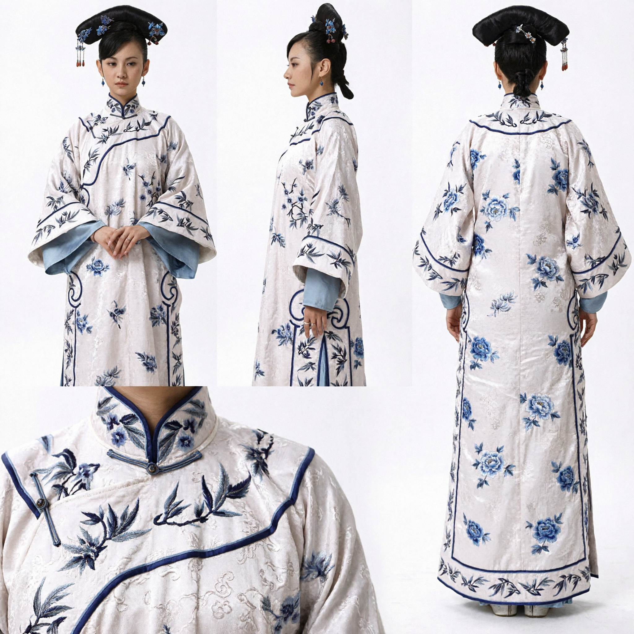 Traditional Chinese Qing Dynasty Manchu Noblewoman Costume White Embroidered Bamboo Robe with Headdress for Women - Asian Costume