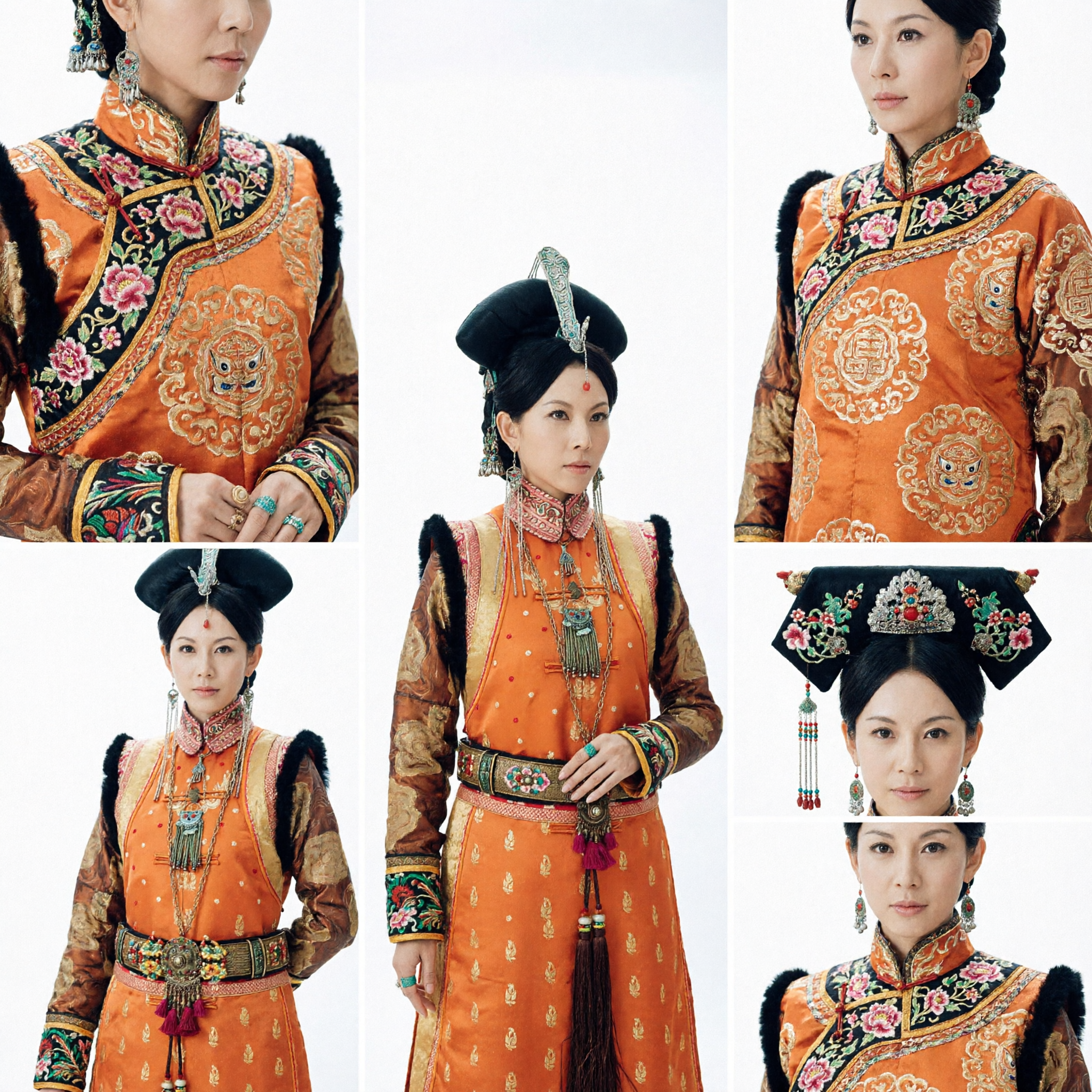Traditional Chinese Qing Dynasty Manchu Princess Costume Orange Embroidered Court Dress with Headdress for Women - Asian Costume