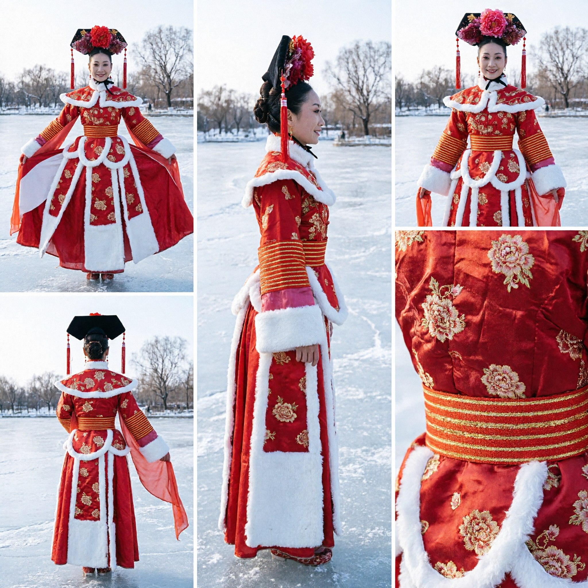 Traditional Chinese Ancient Princess Red Dress Qing Dynasty Manchu Style Fur Trim Dance Costume for Women - Asian Costume