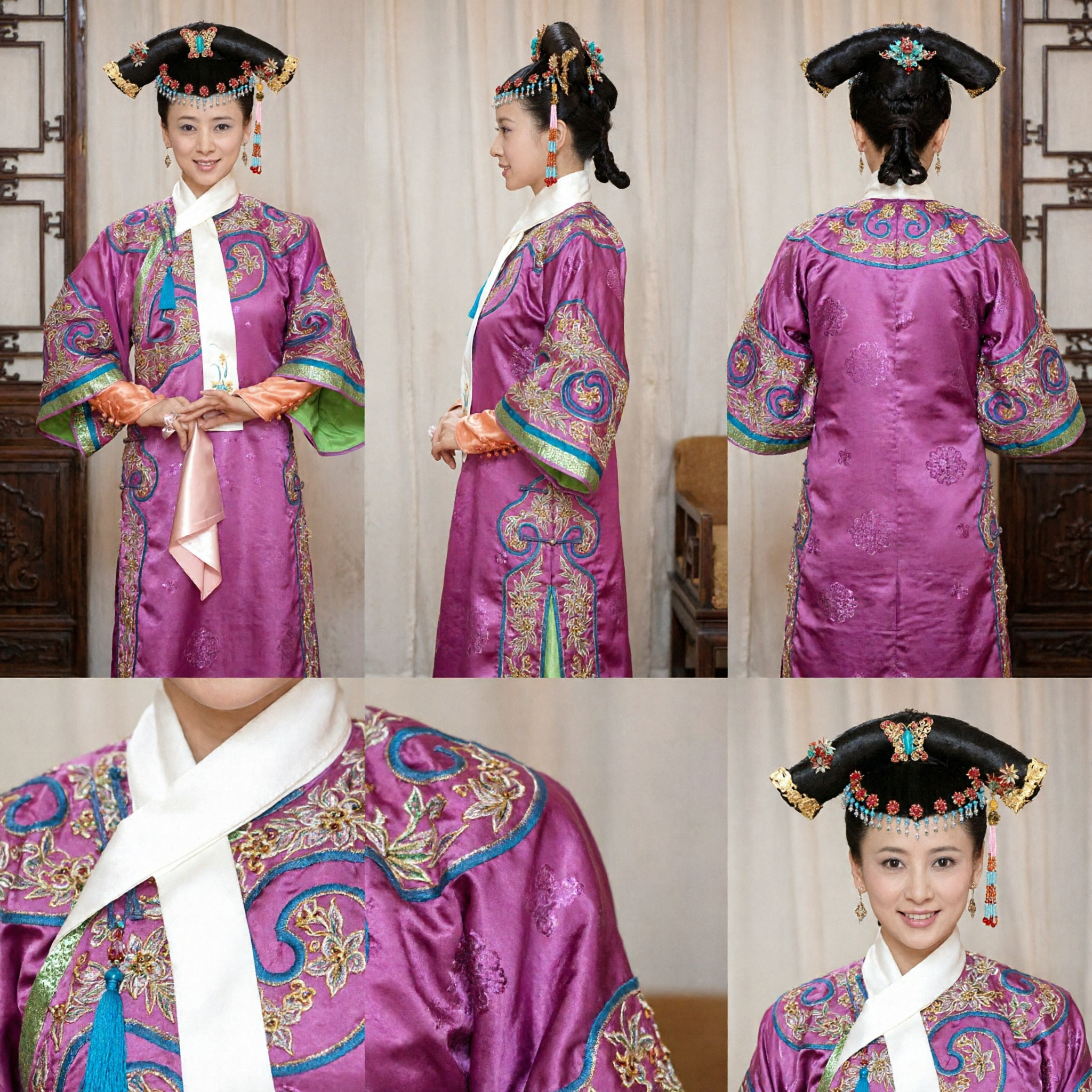 Traditional Chinese Qing Dynasty Manchu Princess Costume Pink Embroidered Robe with Headdress for Women Stage Performance - Asian Costume