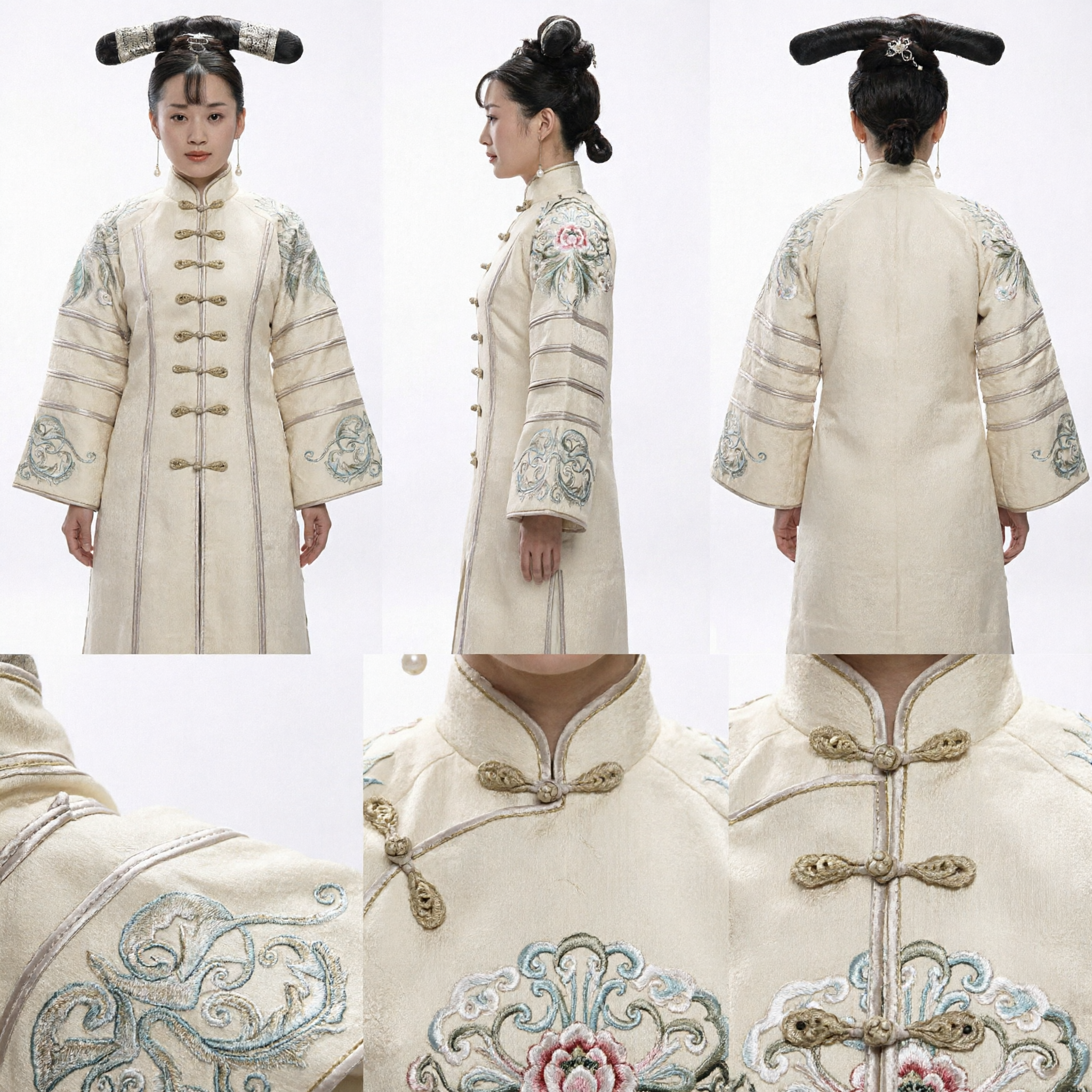 Traditional Qing Dynasty Manchu Princess Costume Cream Embroidered Qizhuang Ancient Chinese Hanfu for Women - Asian Costume