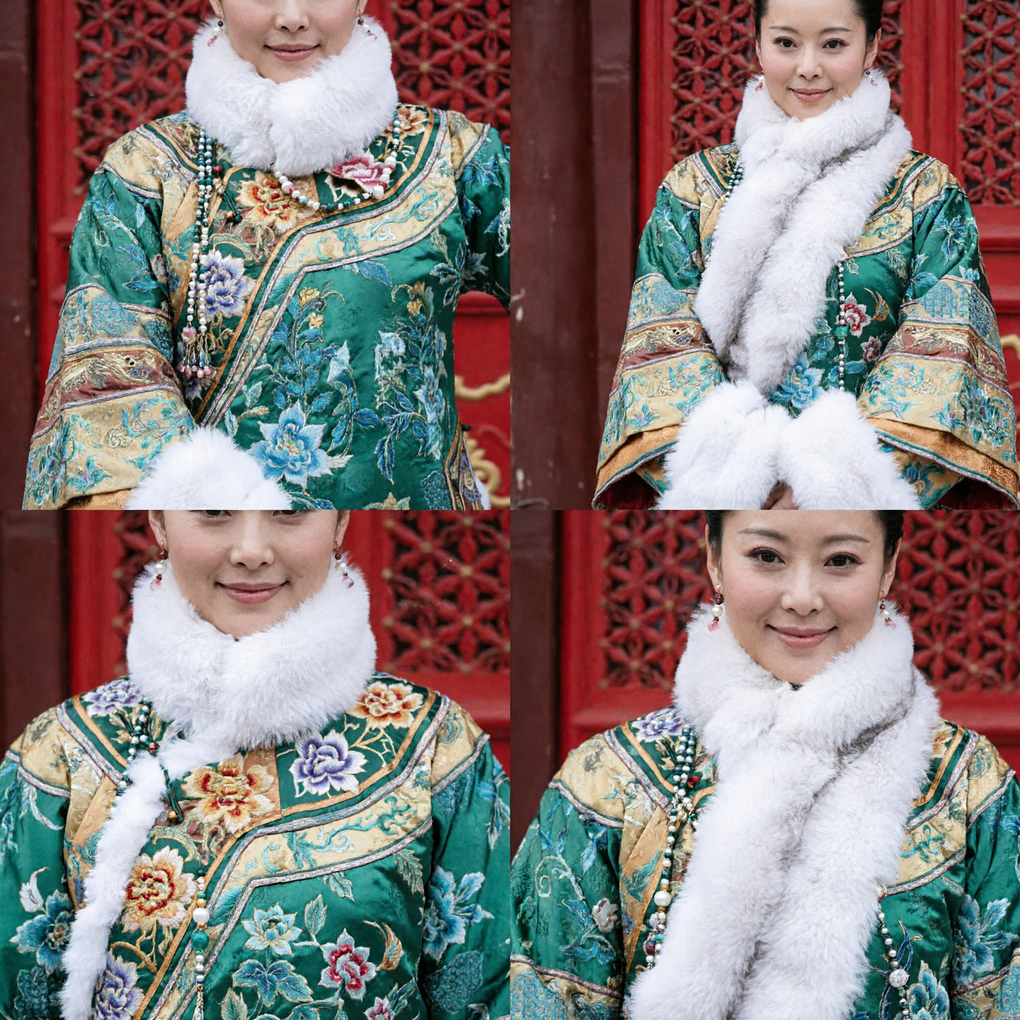 Ancient Chinese Qing Dynasty Green Embroidered Robe with White Fur Stole and Headdress for Women - Asian Costume