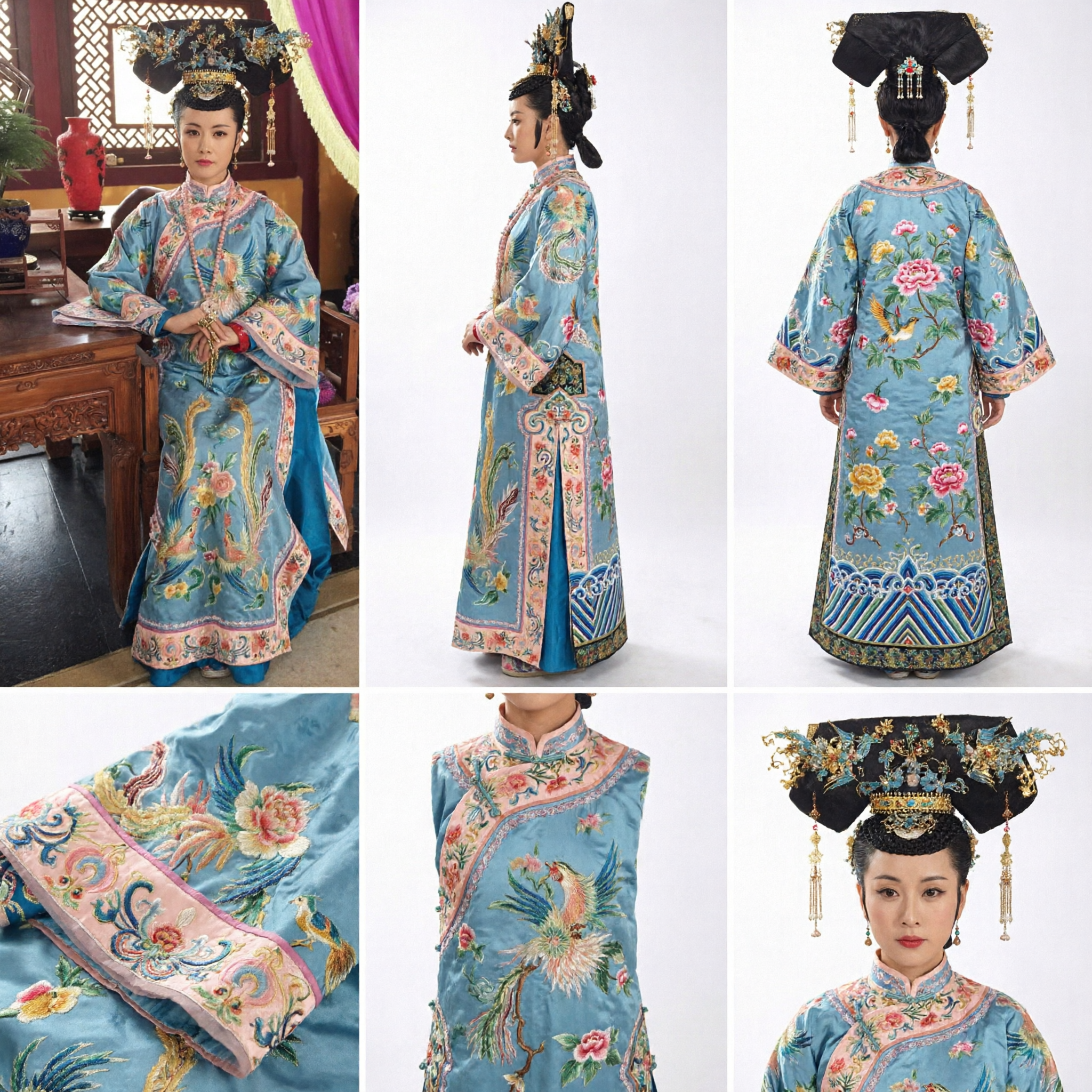 Traditional Chinese Qing Dynasty Palace Lady Costume Blue Embroidered Manchu Robe and Headdress Set for Women - Asian Costume