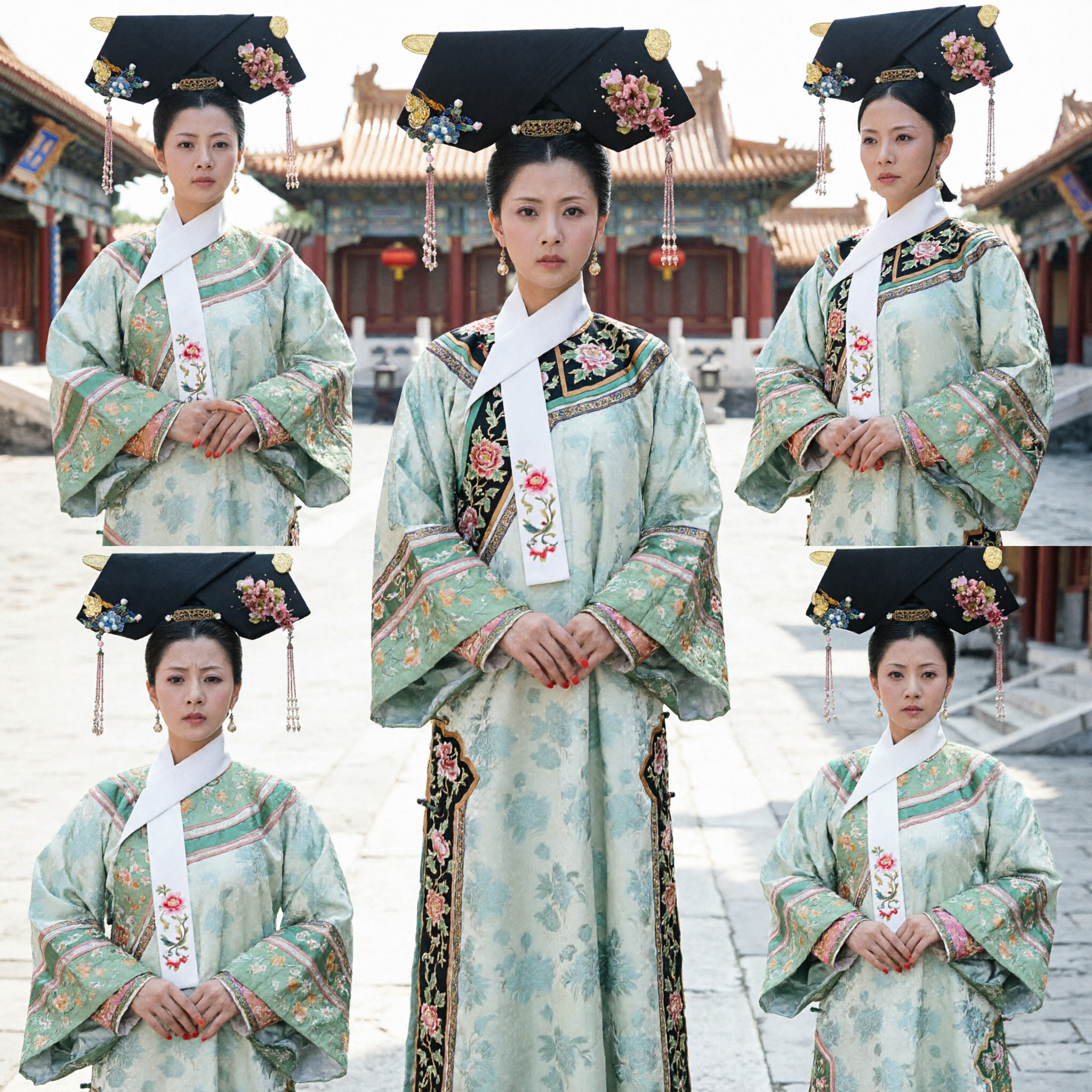 Traditional Chinese Qing Dynasty Manchu Noble Lady Costume Green Floral Robe with Headdress for Women Cosplay - Asian Costume