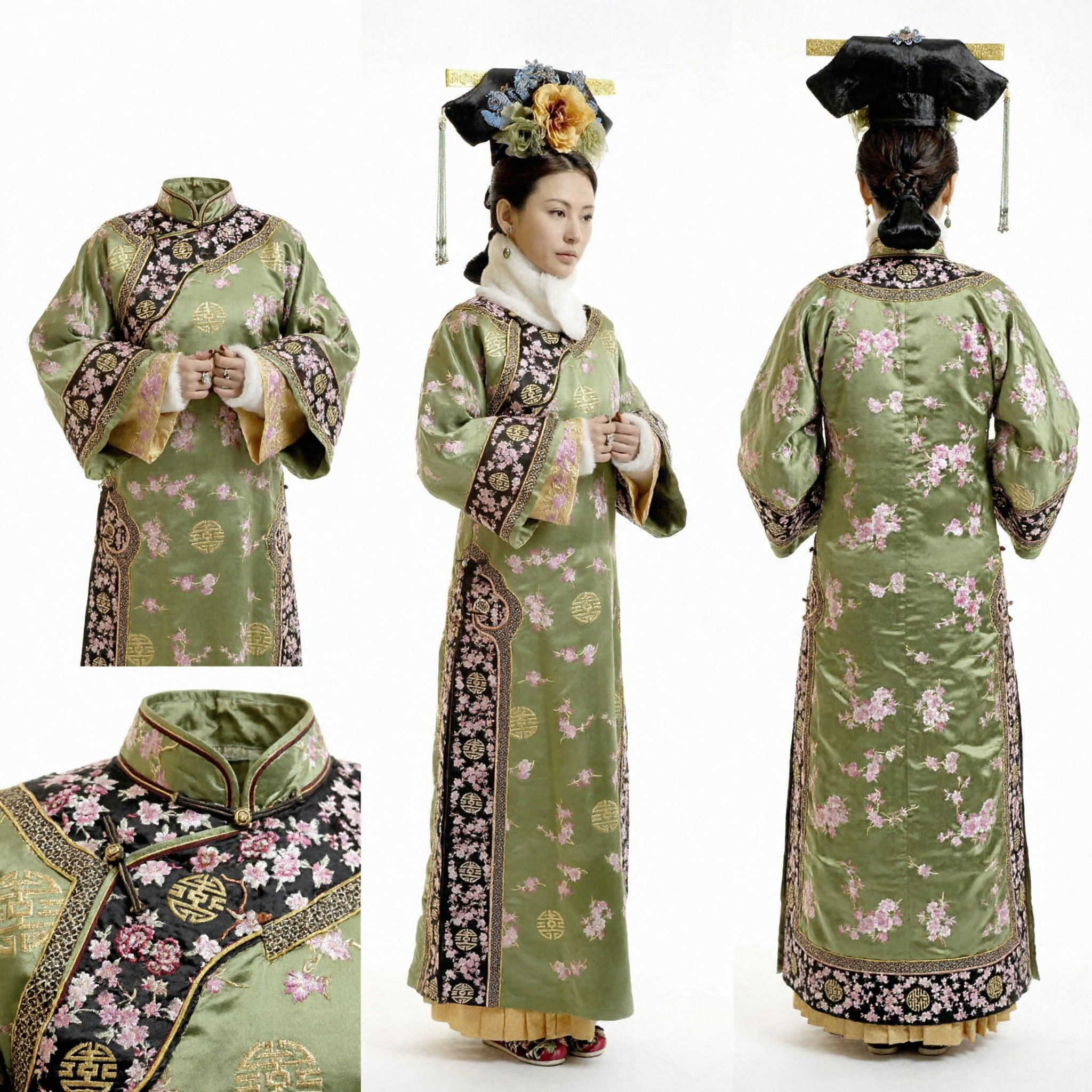Women's Traditional Chinese Qing Dynasty Palace Lady Green Floral Embroidered Robe and Headdress for Cosplay - Asian Costume