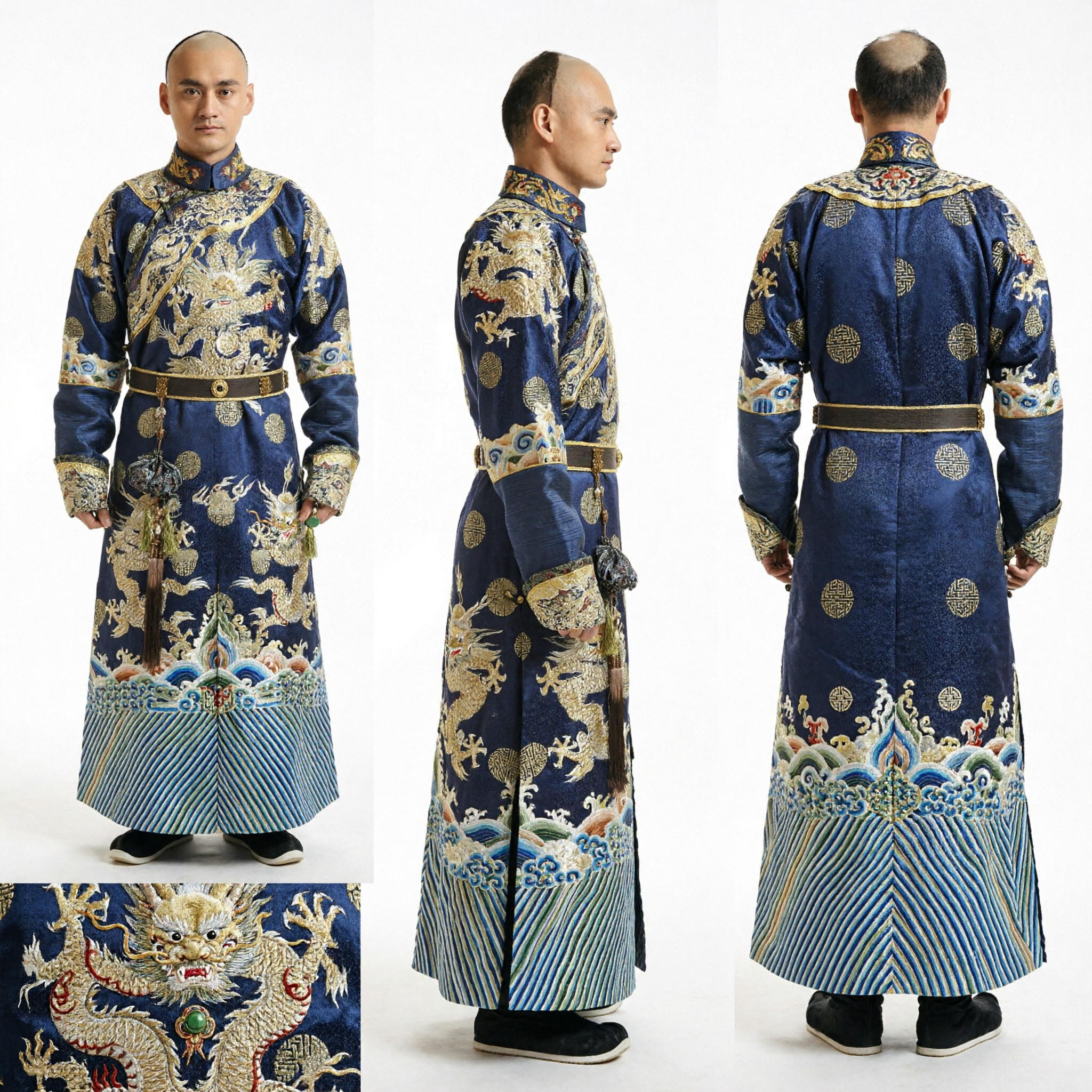 Men's Traditional Chinese Qing Dynasty Noble Blue Dragon Robe Gold Embroidered Changshan Cosplay Costume - Asian Costume
