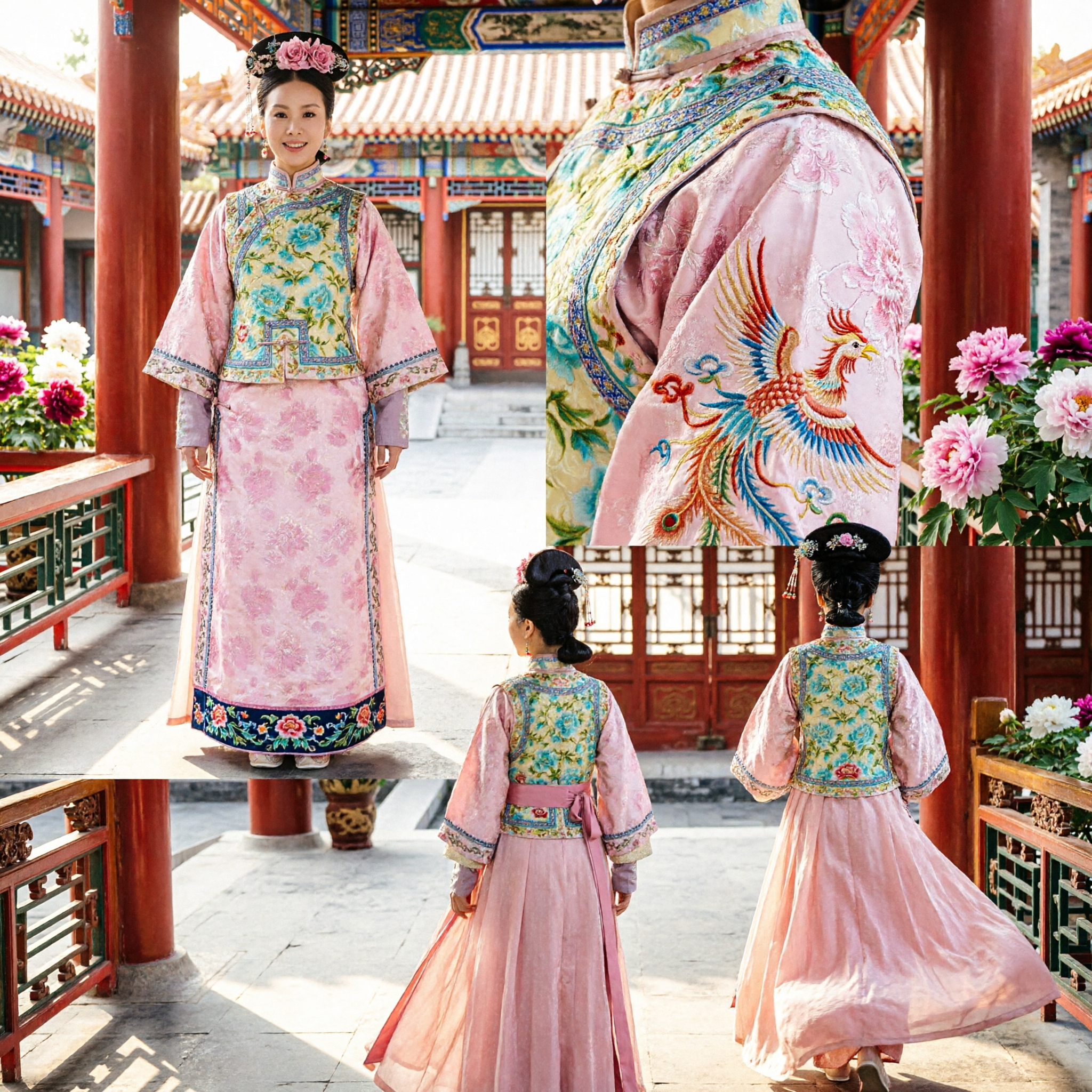 Traditional Chinese Qing Dynasty Palace Costume Pink Floral Dress and Embroidered Vest for Women Dance Performance - Asian Costume