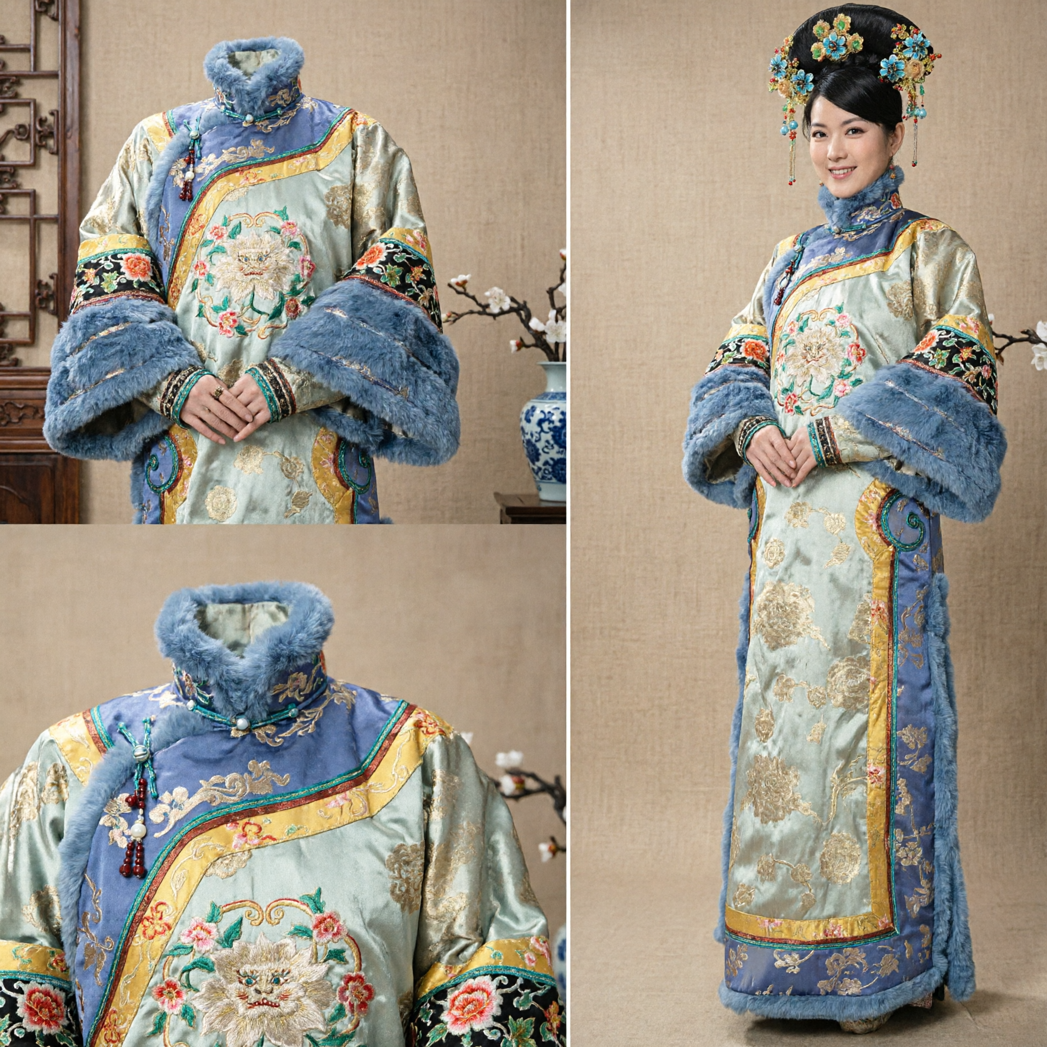 Traditional Chinese Qing Dynasty Manchu Princess Costume Complete Set Embroidered Robe Fur Trim Headdress Women - Asian Costume