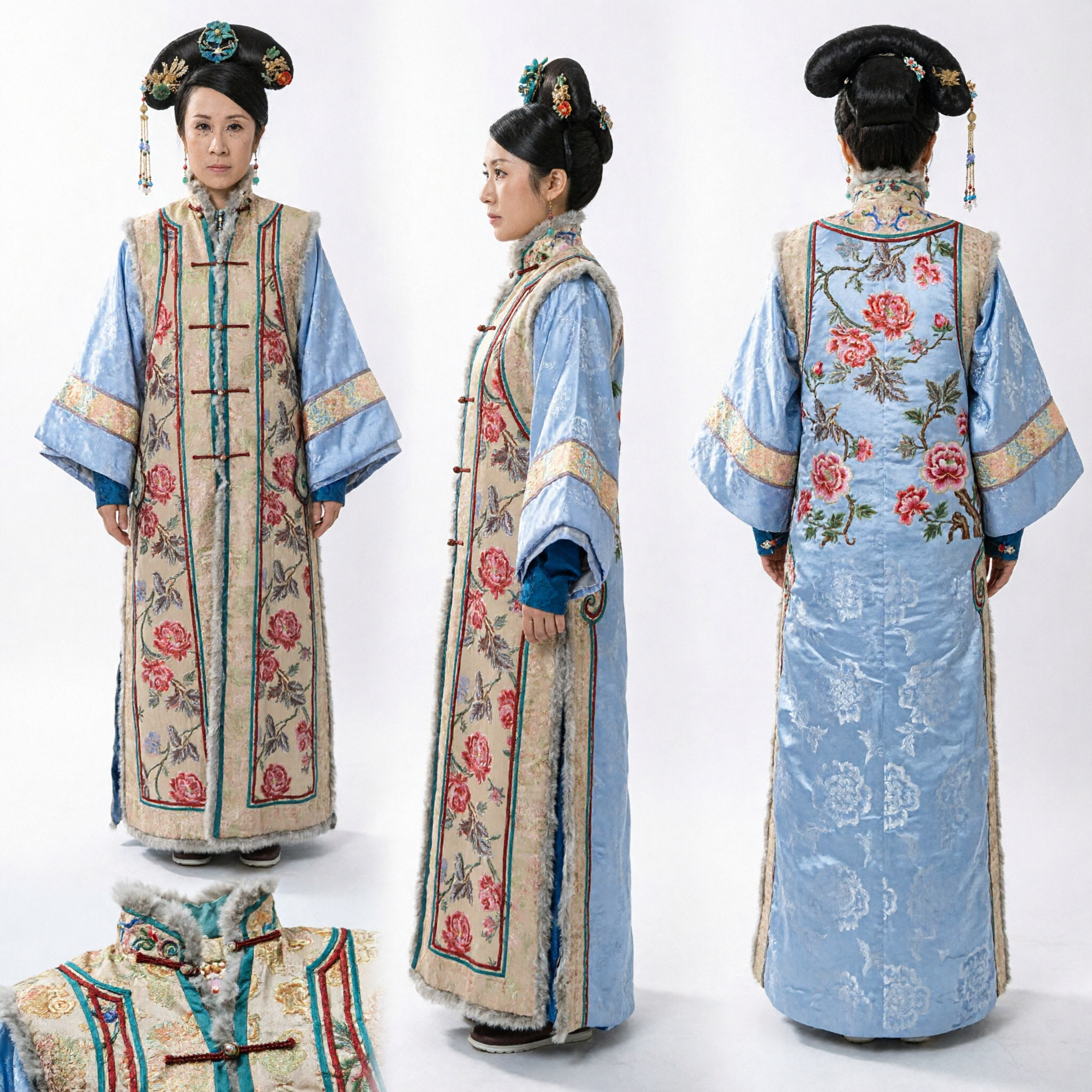 Ancient Chinese Qing Dynasty Manchu Princess Costume Traditional Embroidered Floral Vest and Robe for Women Stage Performance - Asian Costume