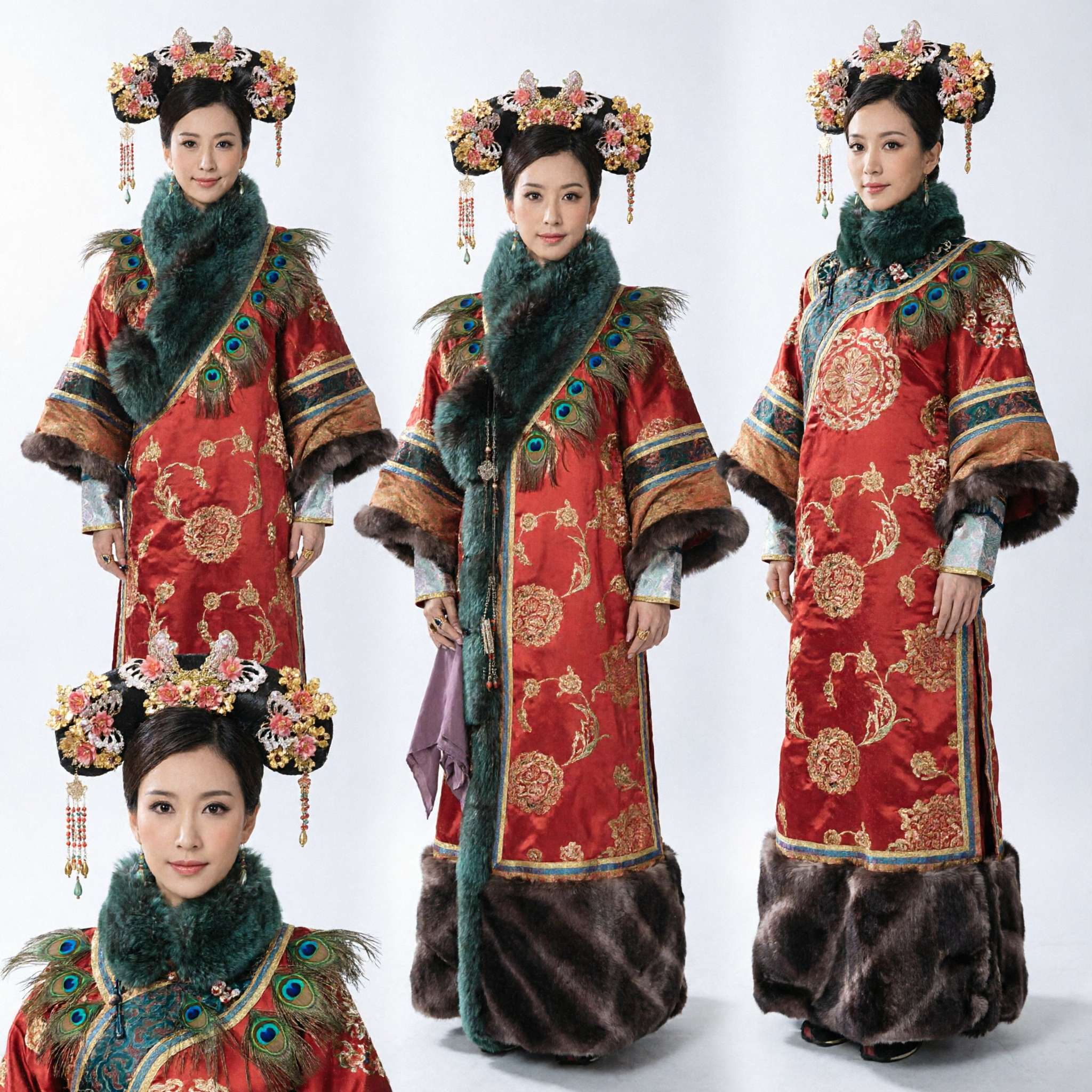 Women's Traditional Chinese Qing Dynasty Imperial Concubine Costume Red Embroidered Robe with Fur for Cosplay - Asian Costume