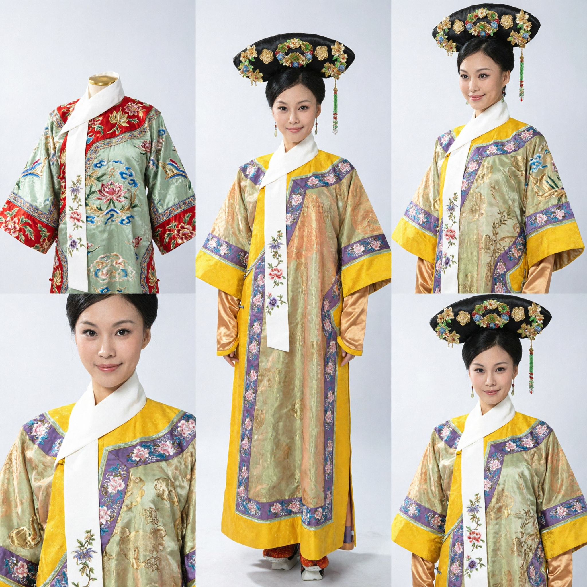 Traditional Chinese Qing Dynasty Palace Lady Costume Yellow Floral Robe and Manchu Headpiece for Women Cosplay Performance - Asian Costume