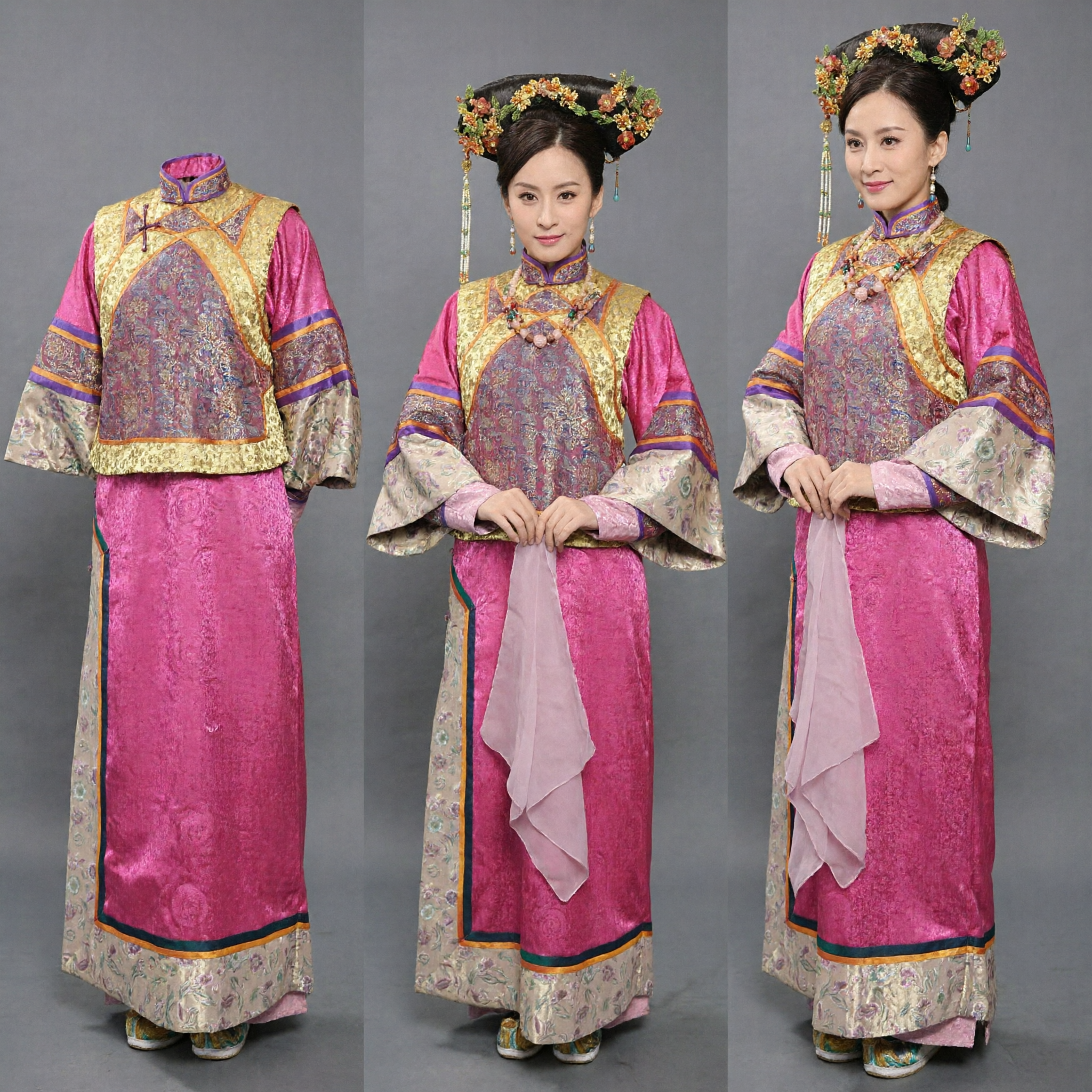 Traditional Chinese Qing Dynasty Manchu Princess Costume Pink Embroidered Dress with Gold Vest for Women Cosplay - Asian Costume