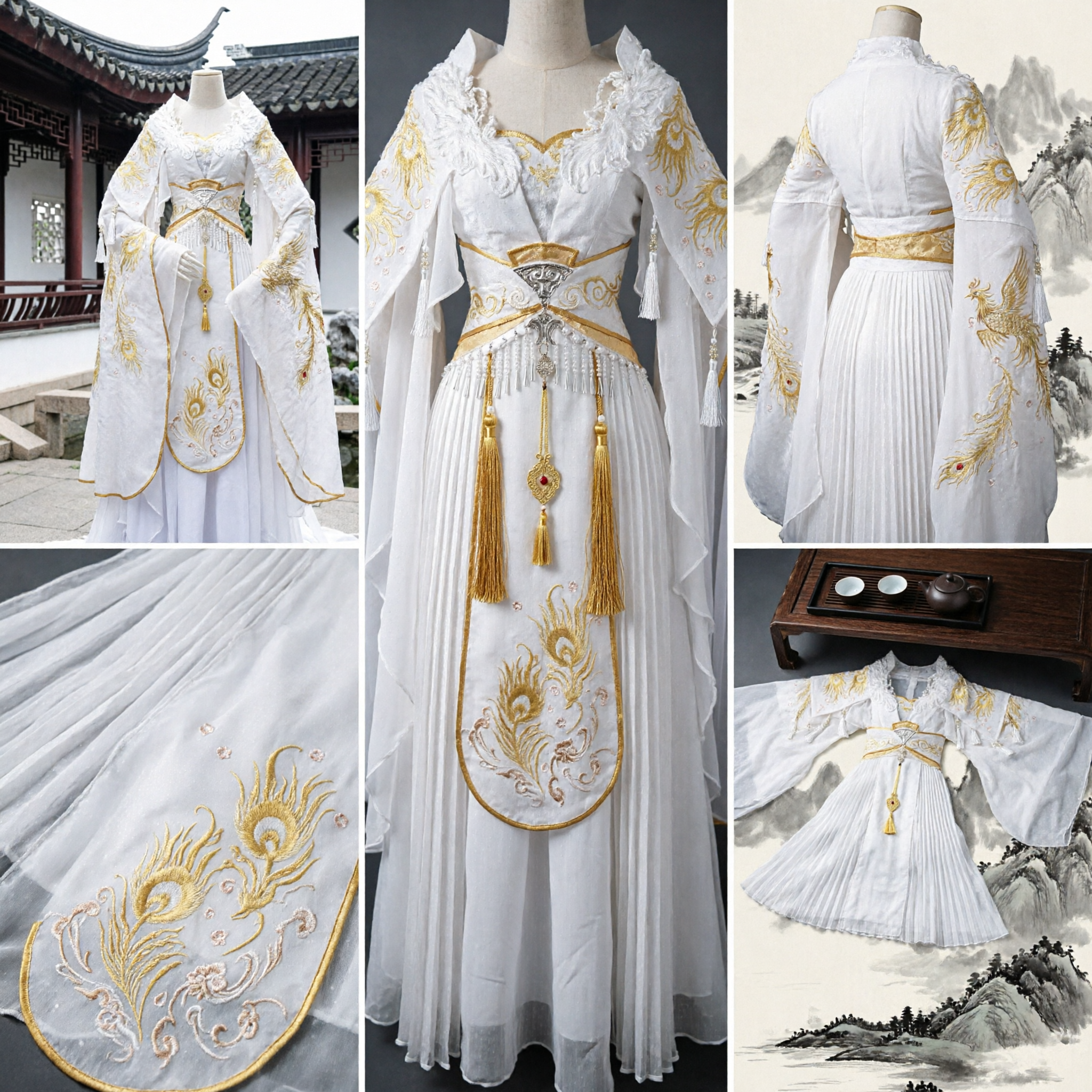 Traditional Chinese Hanfu White and Gold Embroidered Ancient Fairy Costume for Women Cosplay Wedding Dress - Asian Costume