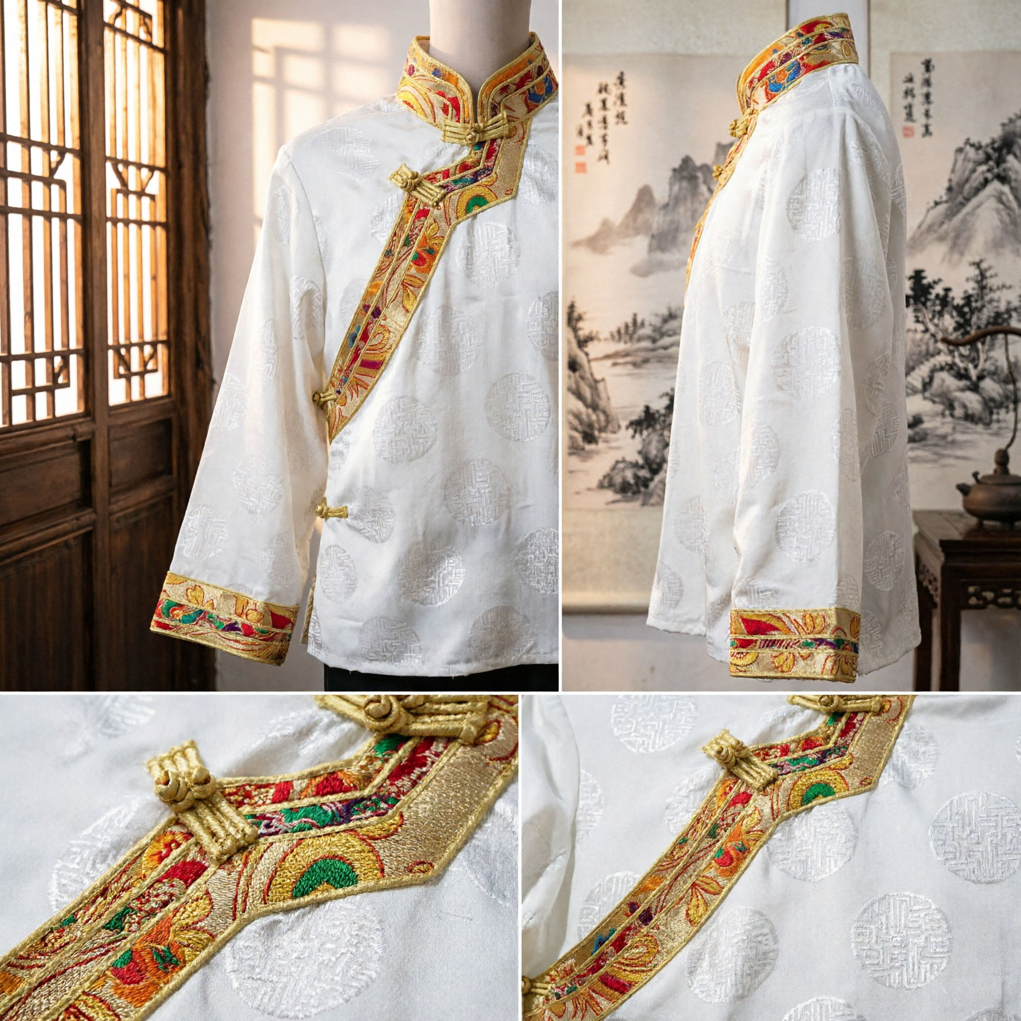 Men's Traditional Chinese Mongolian Ethnic Costume White Robe Shirt with Gold Embroidery for Dance - Asian Costume