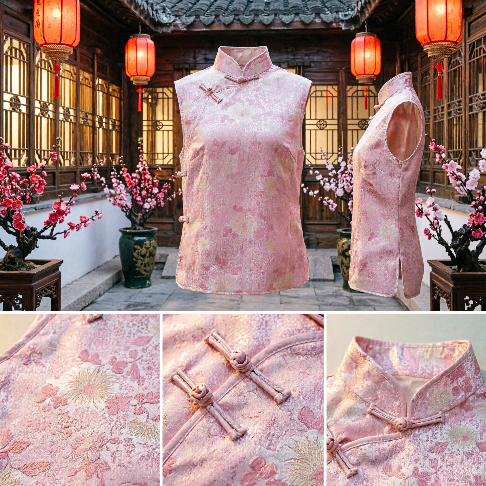 Traditional Chinese Pink Floral Brocade Vest Women Mandarin Collar Sleeveless Tang Suit Top for Festivals - Asian Costume