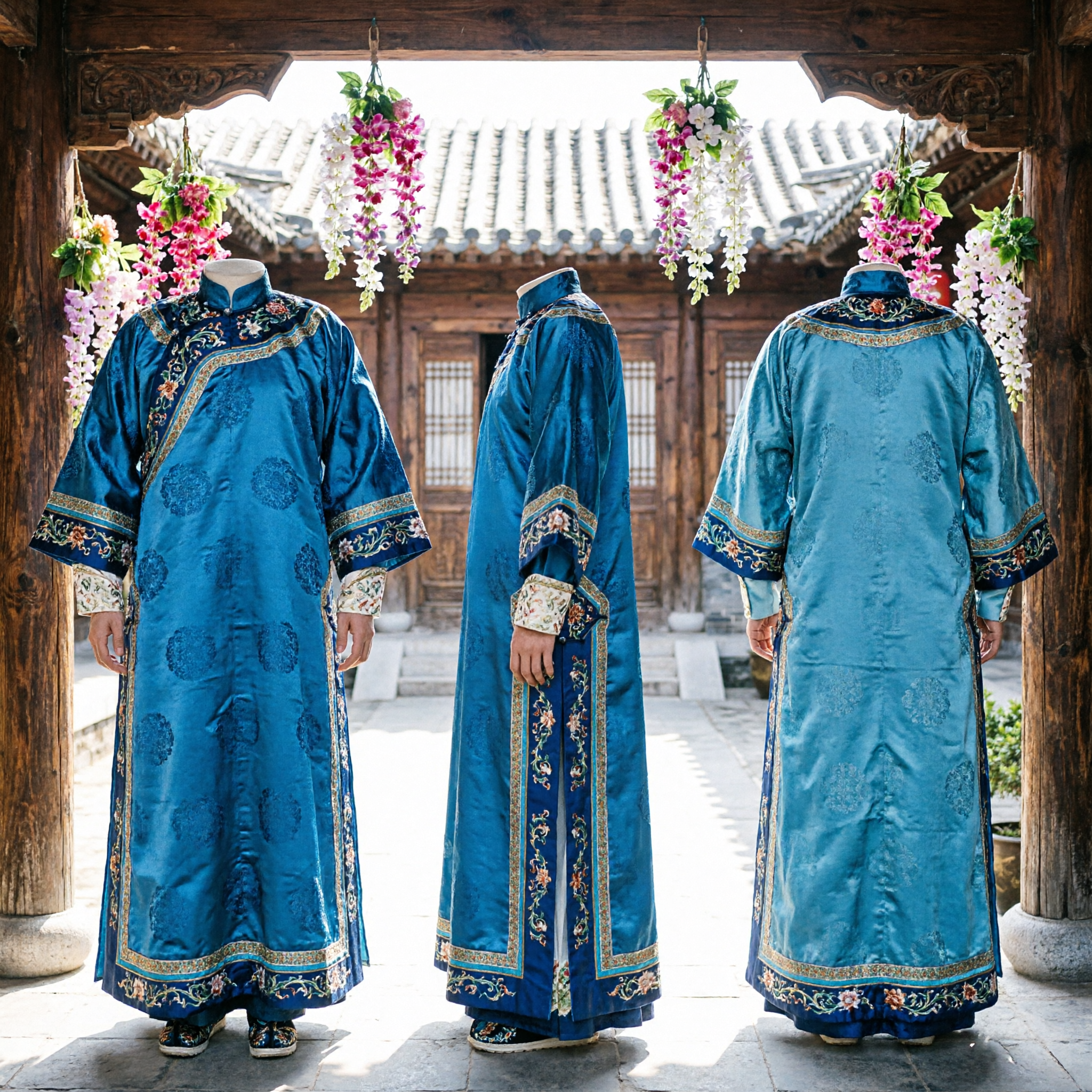Traditional Chinese Qing Dynasty Manchu Princess Costume Blue Robe with Headdress for Women Cosplay - Asian Costume