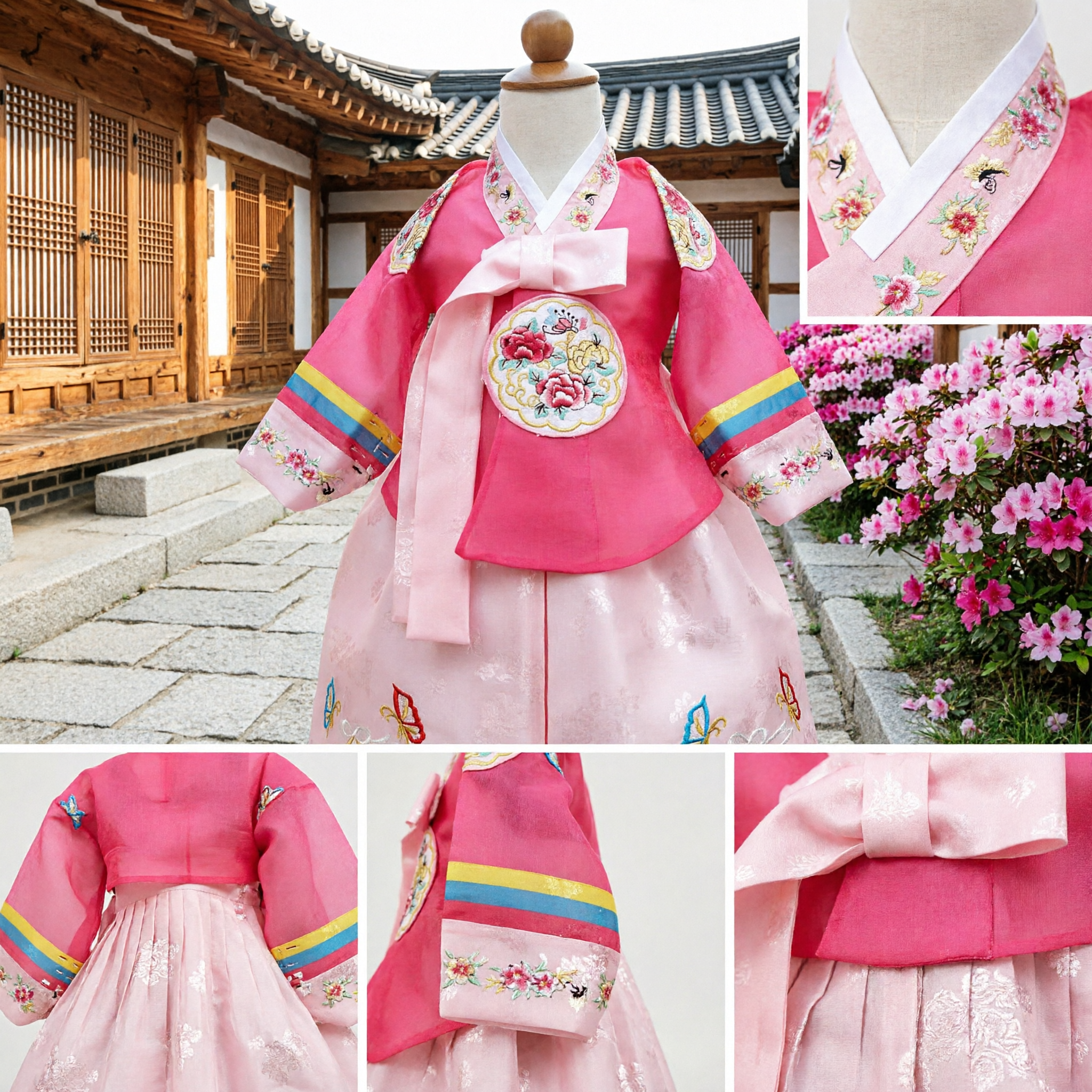 Traditional Korean Hanbok for Girls Pink Embroidered Jeogori and Chima Set for Doljanchi Wedding Festivals - Asian Costume