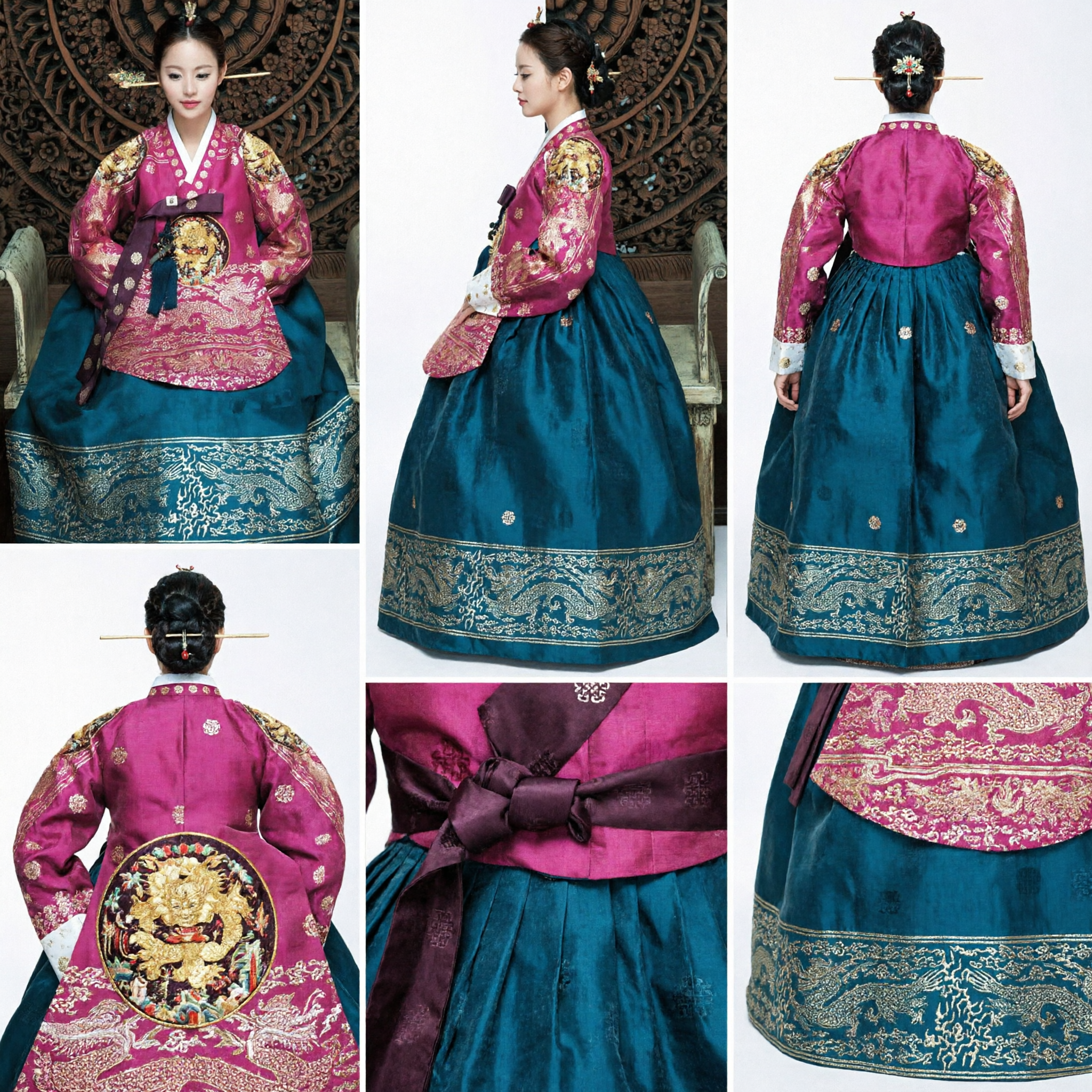 Women's Royal Korean Hanbok Traditional Palace Dress Pink Top Blue Skirt with Dragon Embroidery - Asian Costume