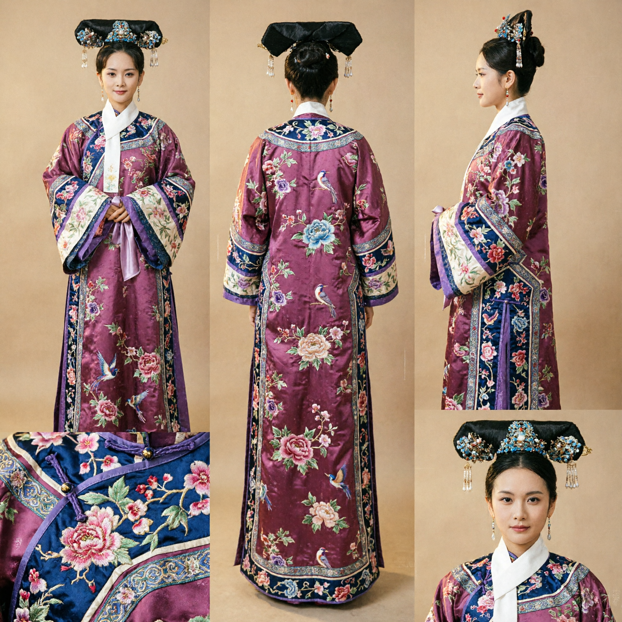 Traditional Chinese Qing Dynasty Manchu Noble Lady Costume Purple Floral Robe and Headdress for Women Cosplay - Asian Costume
