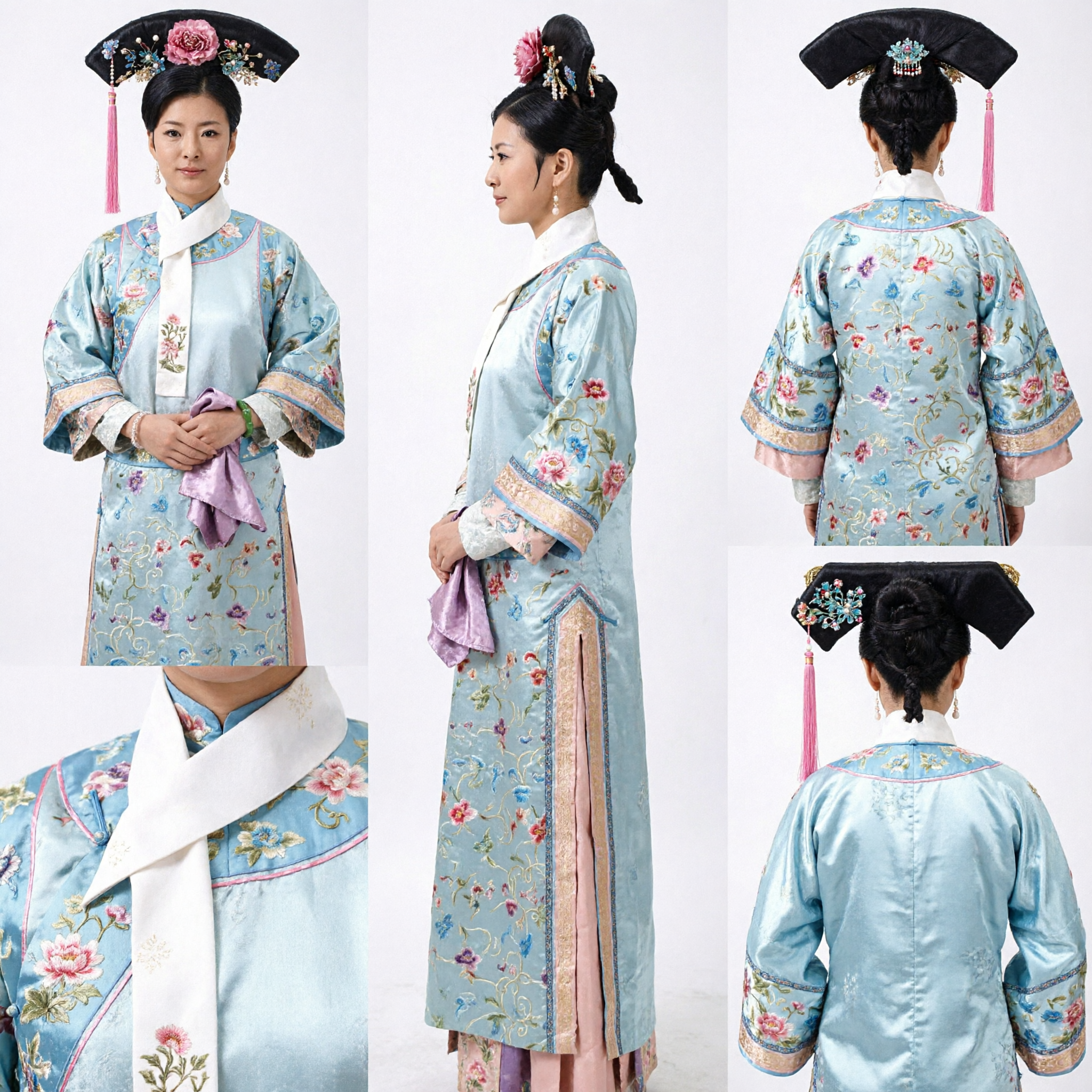 Complete Traditional Chinese Qing Dynasty Manchu Princess Costume Set with Embroidered Robe and Headdress for Cosplay - Asian Costume