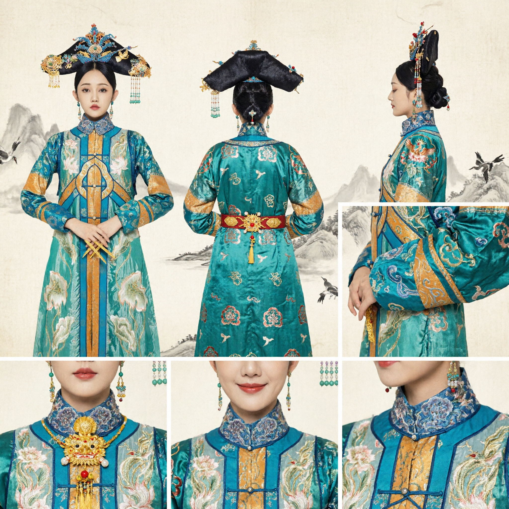 Teal Qing Dynasty Manchu Royal Concubine Robe Ancient Chinese Traditional Embroidered Costume for Women - Asian Costume