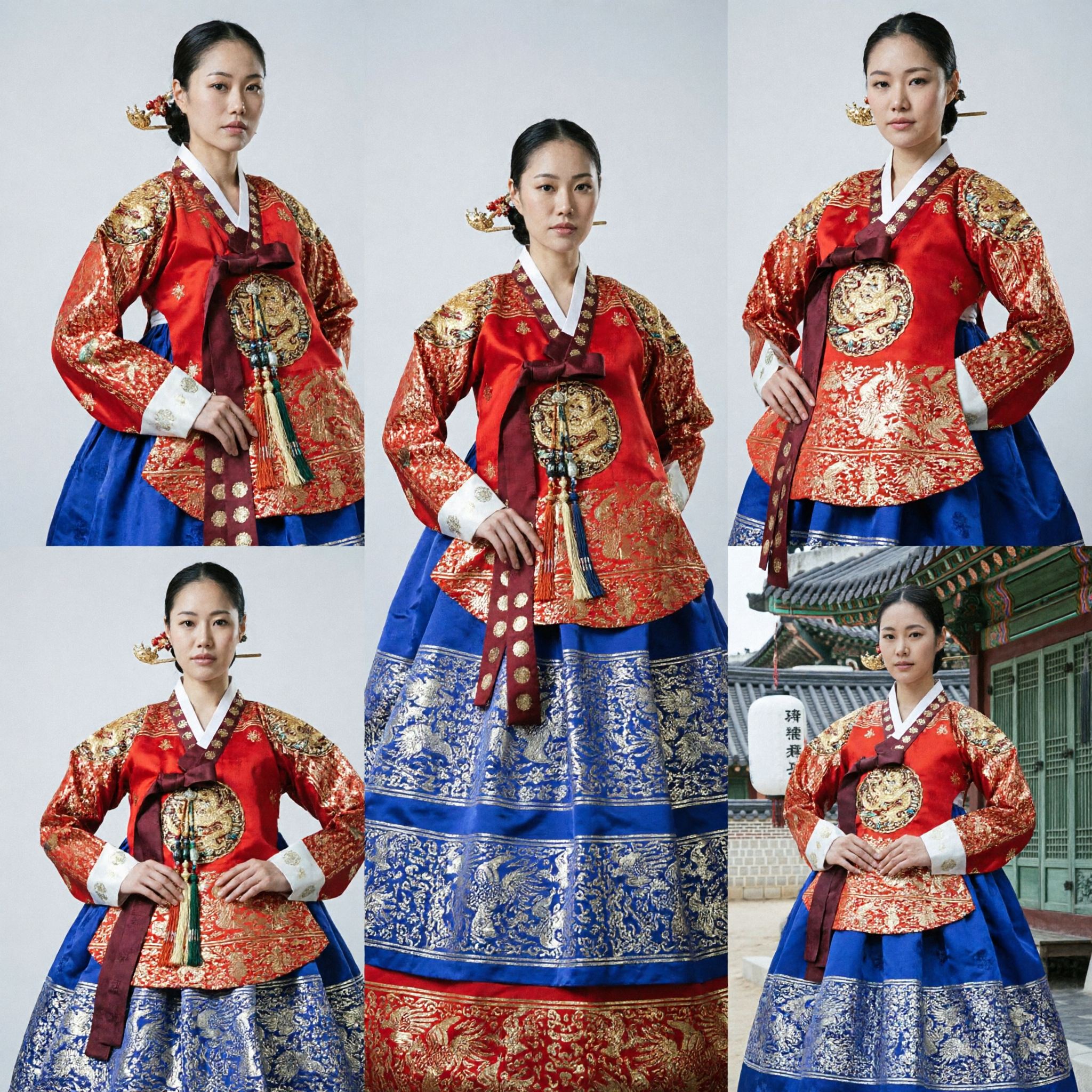 Korean Traditional Hanbok Royal Palace Costume Red and Blue Embroidered Ceremonial Dress for Women - Asian Costume