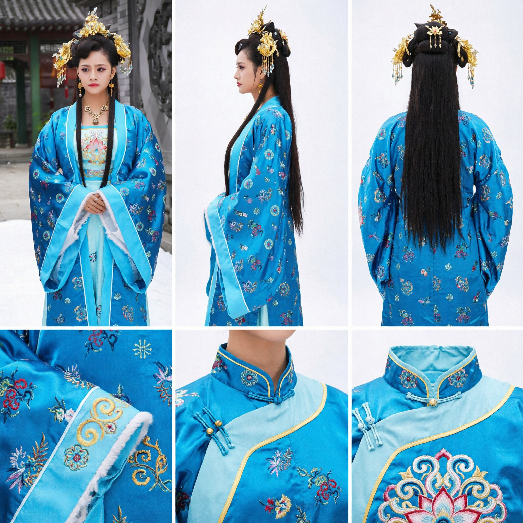 Traditional Chinese Ancient Princess Hanfu Costume Blue Embroidered Robe with Hair Accessories for Women - Asian Costume