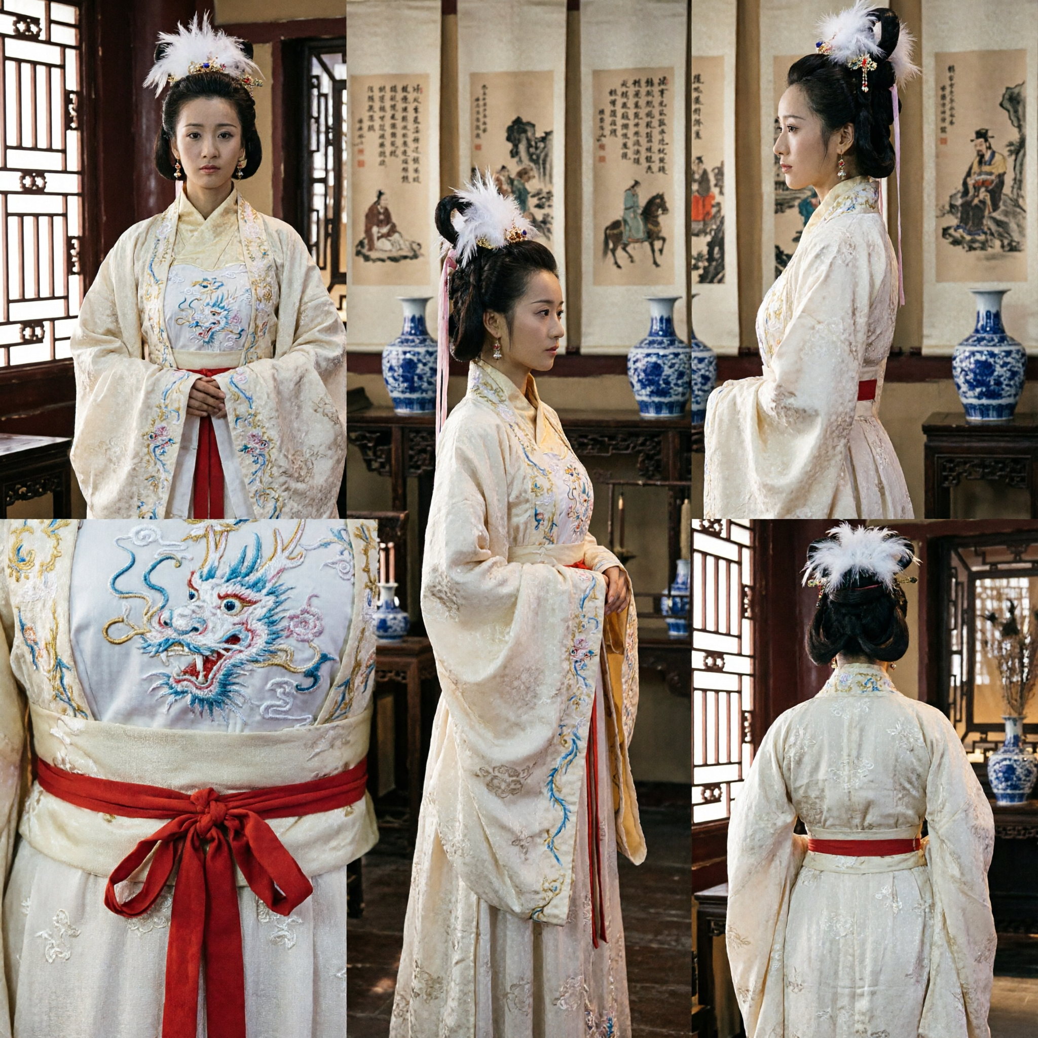 Traditional Chinese Ancient Princess Hanfu Costume with Yellow Feather Fans and Headdress for Women Performance - Asian Costume