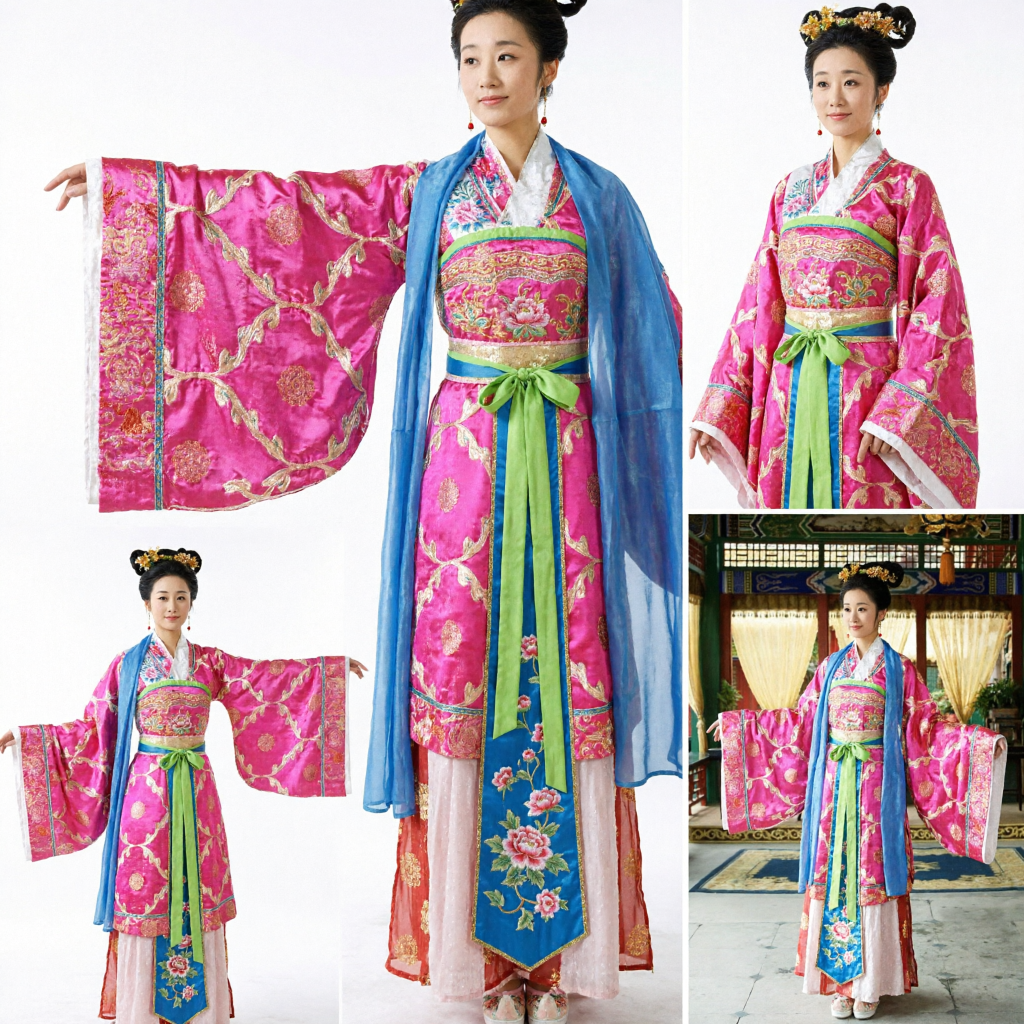 Traditional Chinese Ancient Palace Lady Pink Floral Hanfu Costume with Blue Water Sleeves for Women Dance Performance - Asian Costume