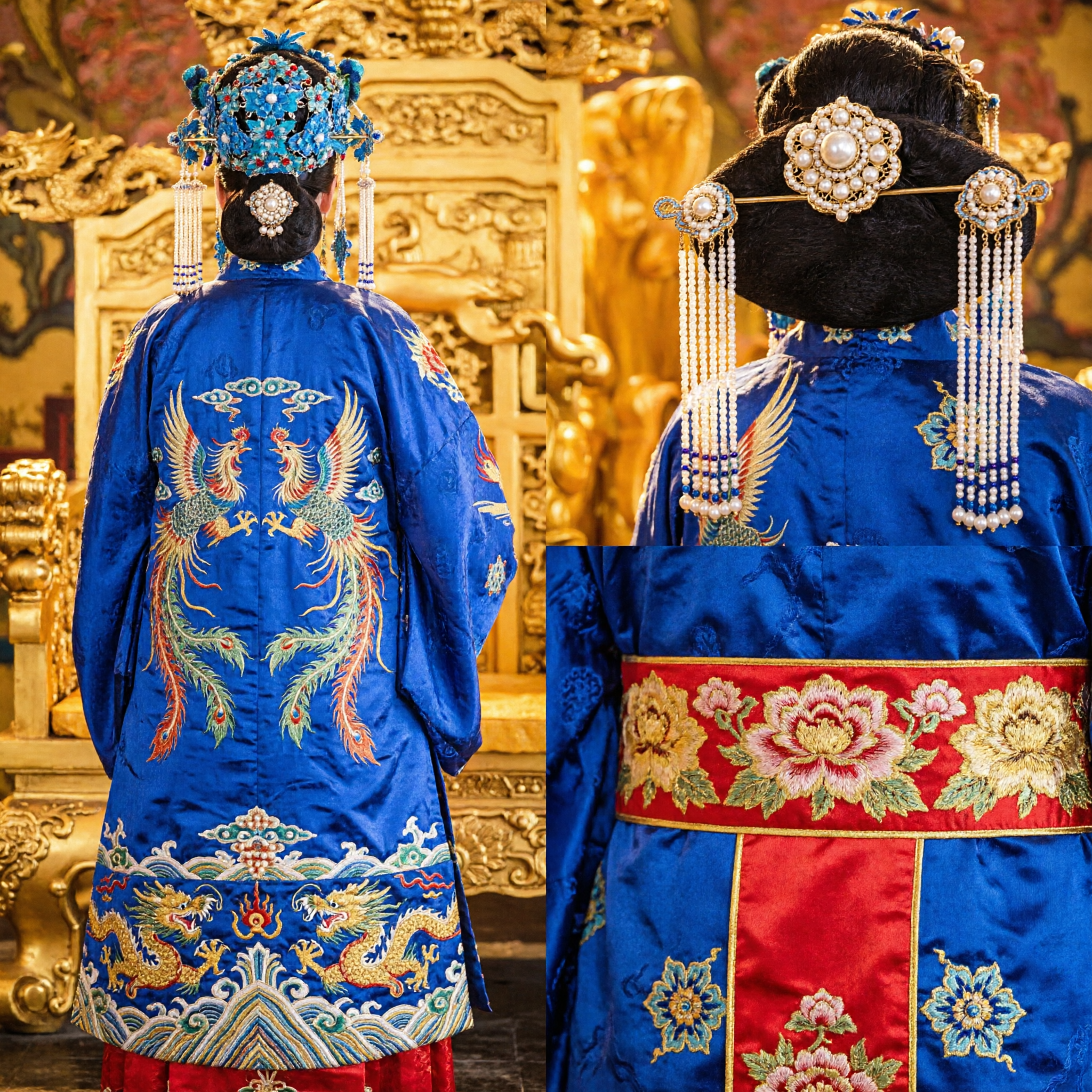 Traditional Chinese Ancient Empress Costume Blue Embroidered Robe and Phoenix Crown Set for Women Historical Cosplay - Asian Costume