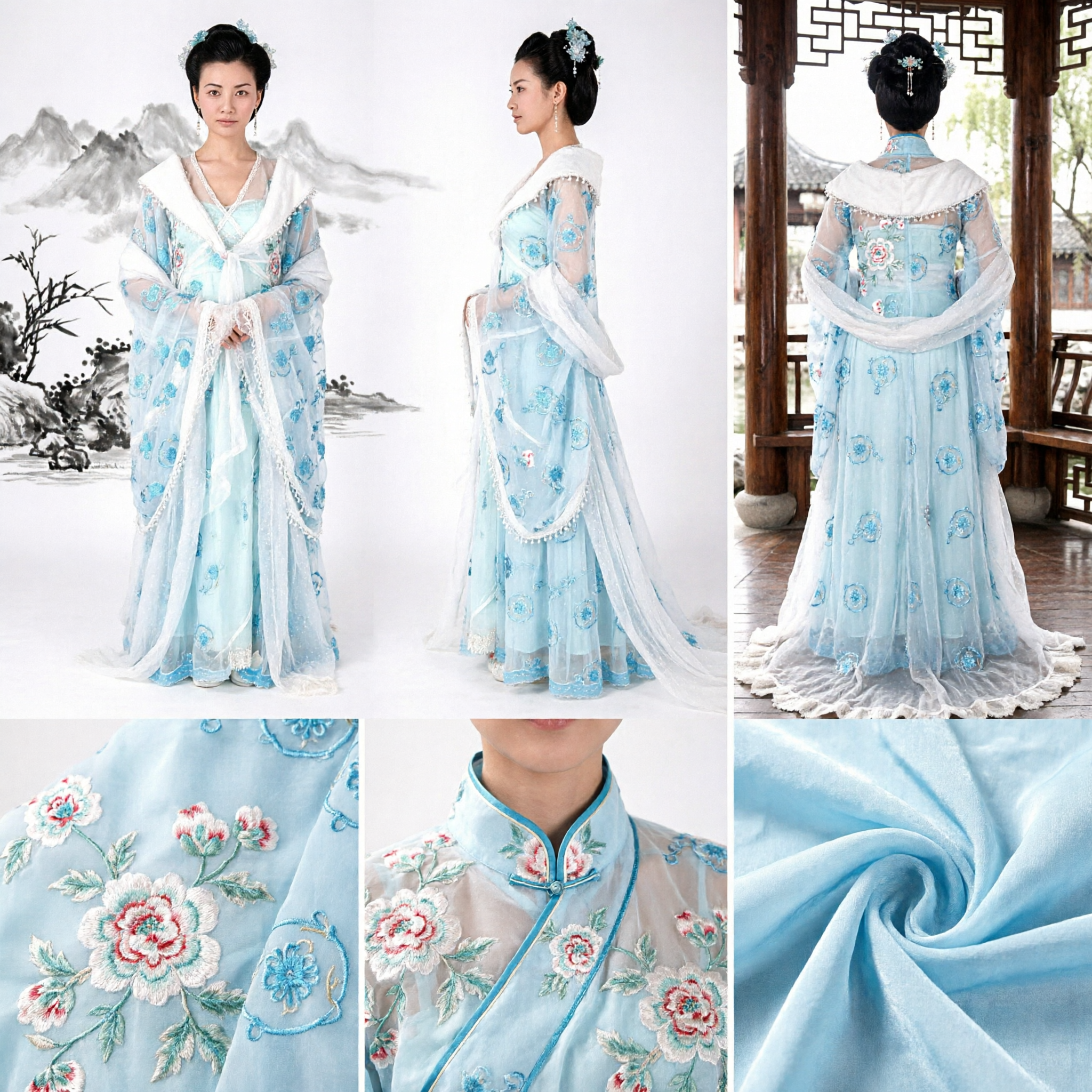 Elegant Blue Hanfu Ancient Chinese Fairy Costume with White Fur Trim and Floral Embroidery for Stage Performance - Asian Costume