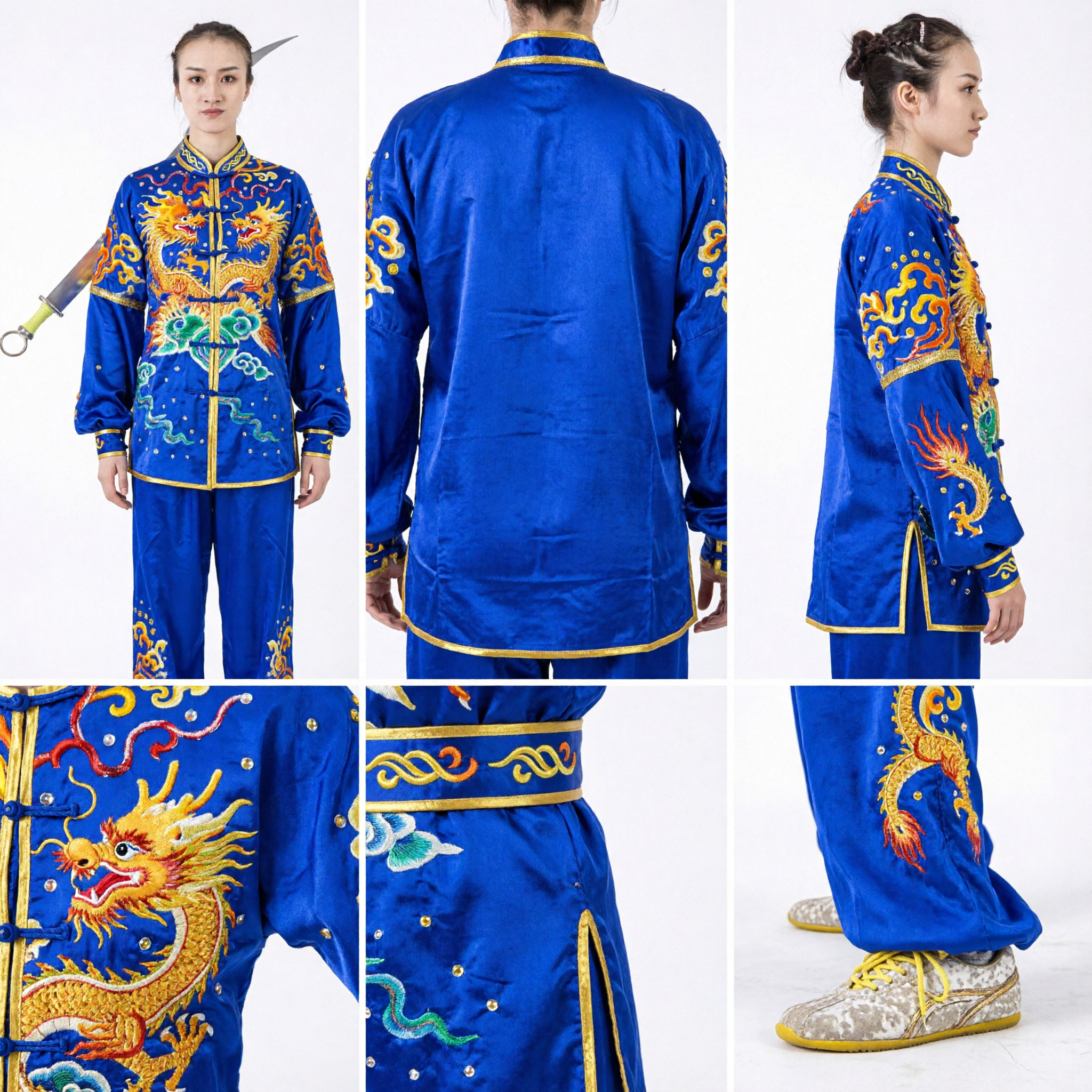 Women's Blue Traditional Wushu Uniform with Gold Dragon Embroidery for Kung Fu Competition and Performance - Asian Costume