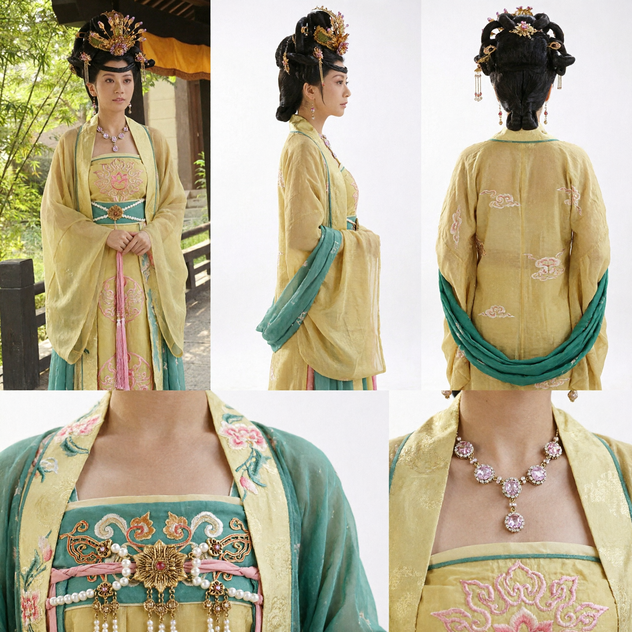 Ancient Chinese Tang Dynasty Princess Costume Yellow Hanfu Dress with Headwear for Women Cosplay Performance - Asian Costume