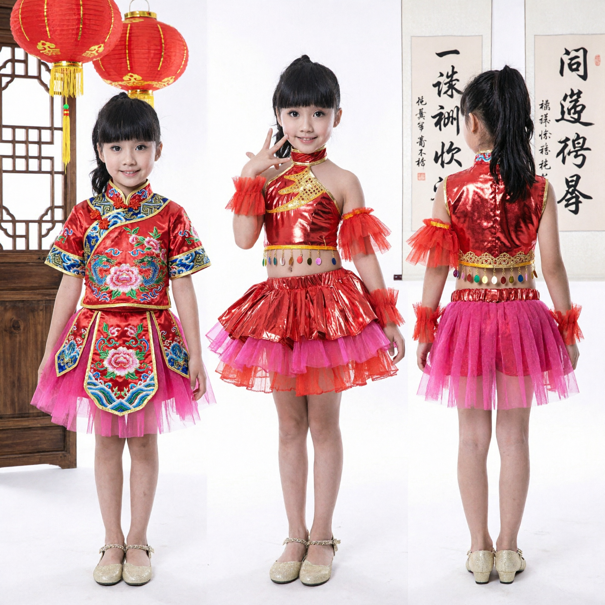 Red Chinese Folk Dance Costume for Kids Girls Traditional Festival Stage Performance Outfit - Asian Costume