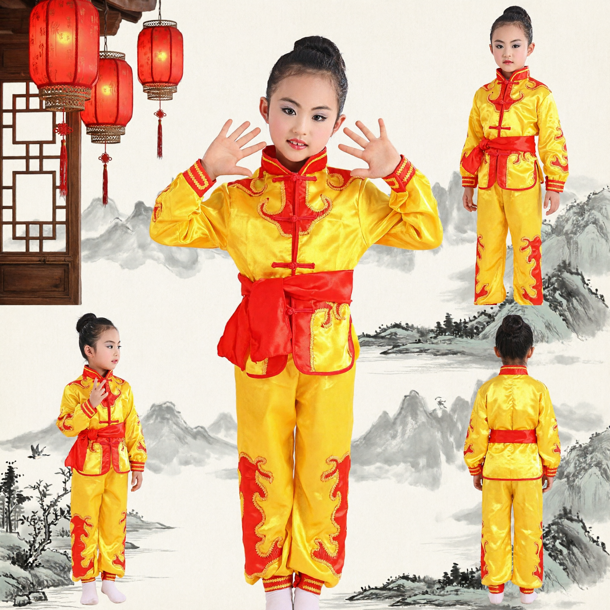 Kids Yellow Chinese Kung Fu Uniform Traditional Dragon Wushu Martial Arts Costume for Girls Stage Performance - Asian Costume