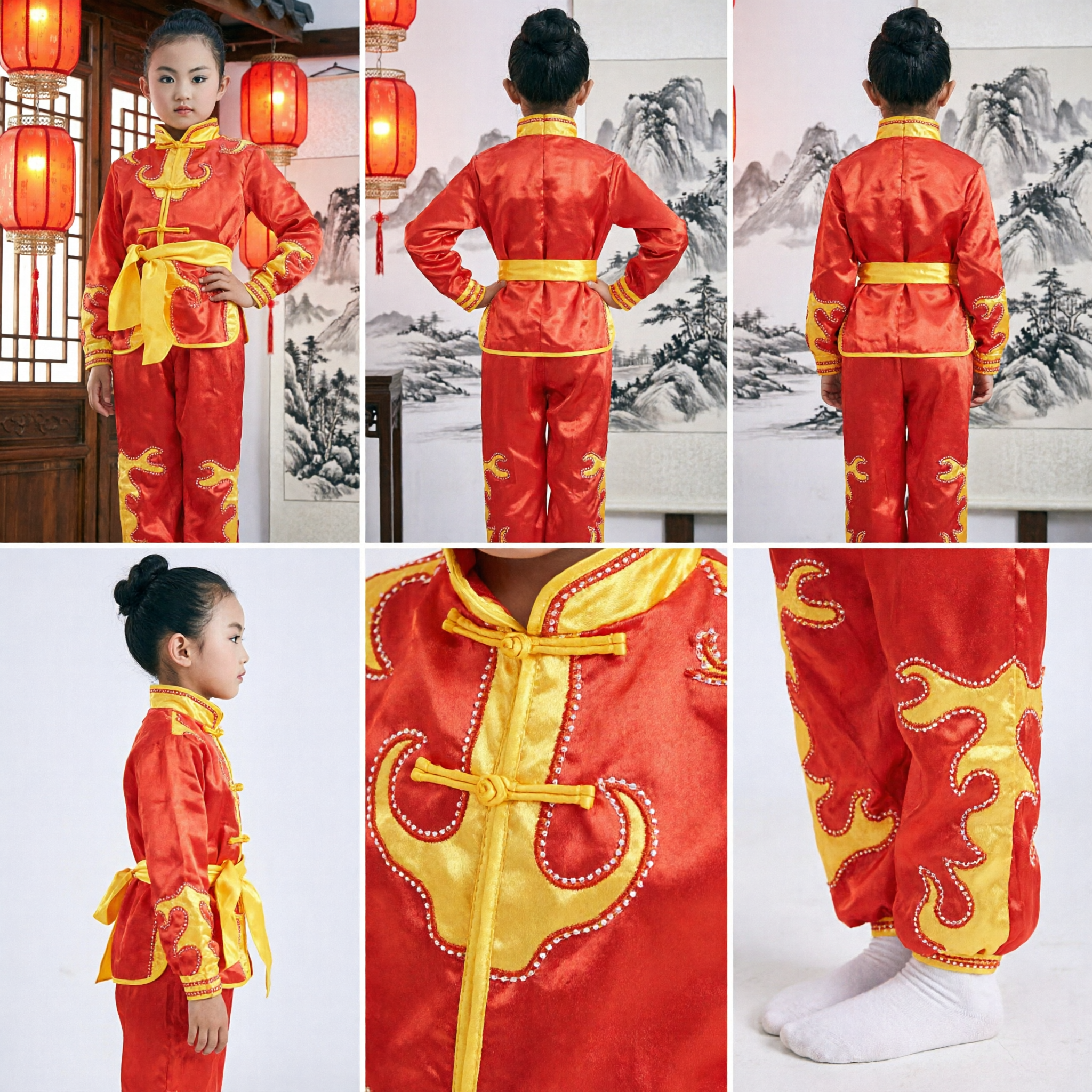 Kids Traditional Chinese Kung Fu Uniform Red Yellow Satin Wushu Costume Girls Martial Arts Performance - Asian Costume