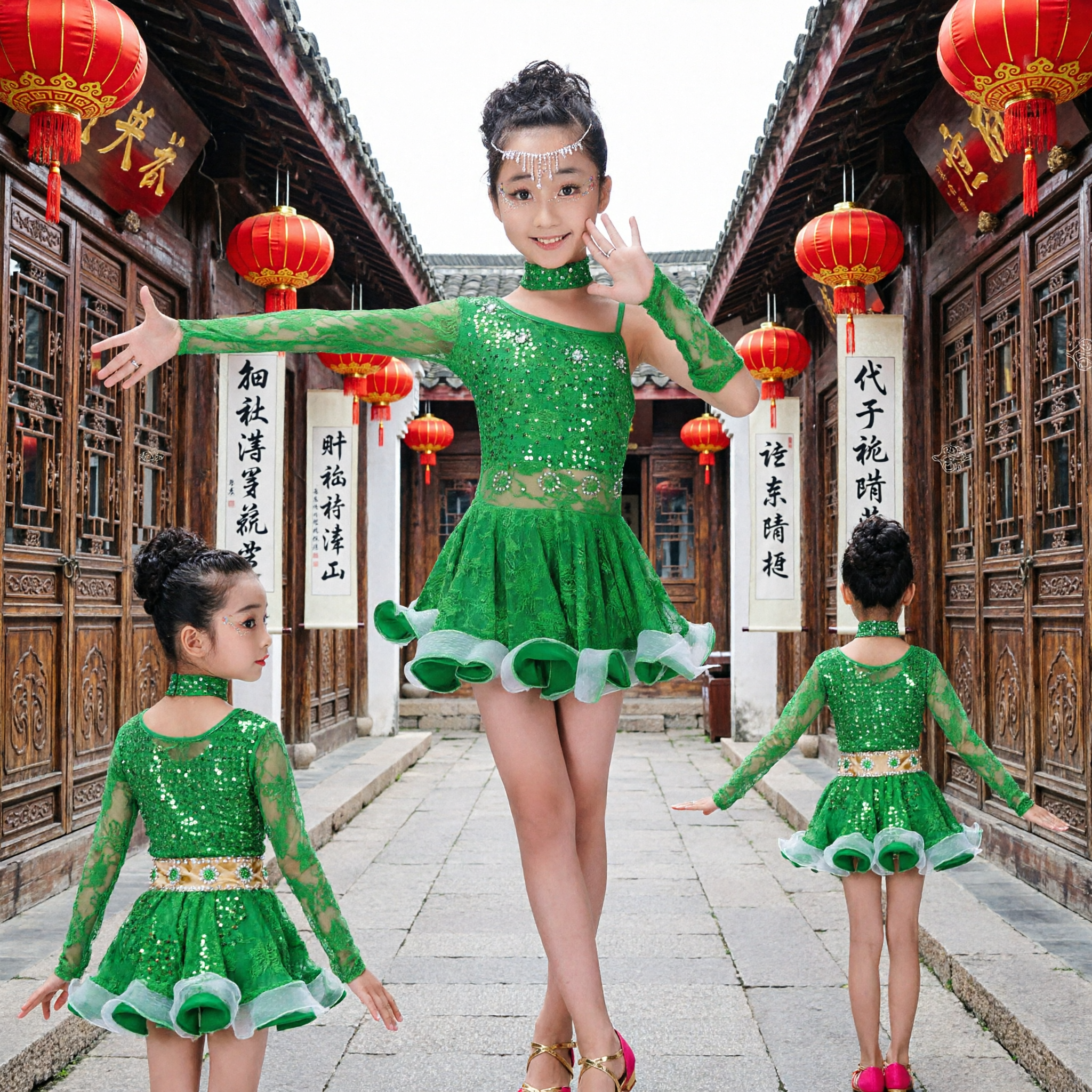 Kids Girls Green Latin Dance Dress Sequined Long Sleeve Ruffled Skirt Competition Performance Costume - Asian Costume