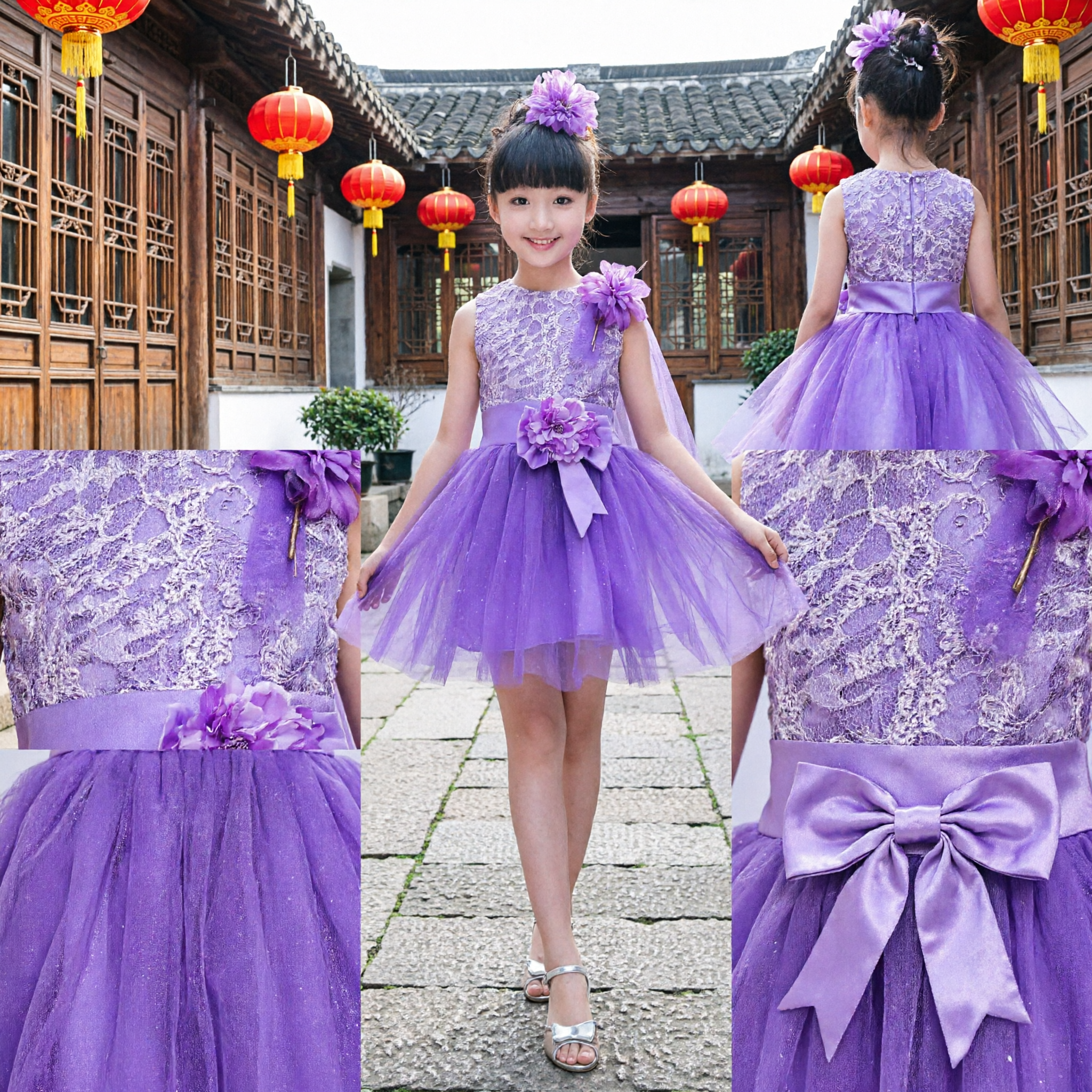 Girls Purple Sequin Lace Bodice Tulle Tutu Dress for Stage Performance Choir Dance Recital - Asian Costume