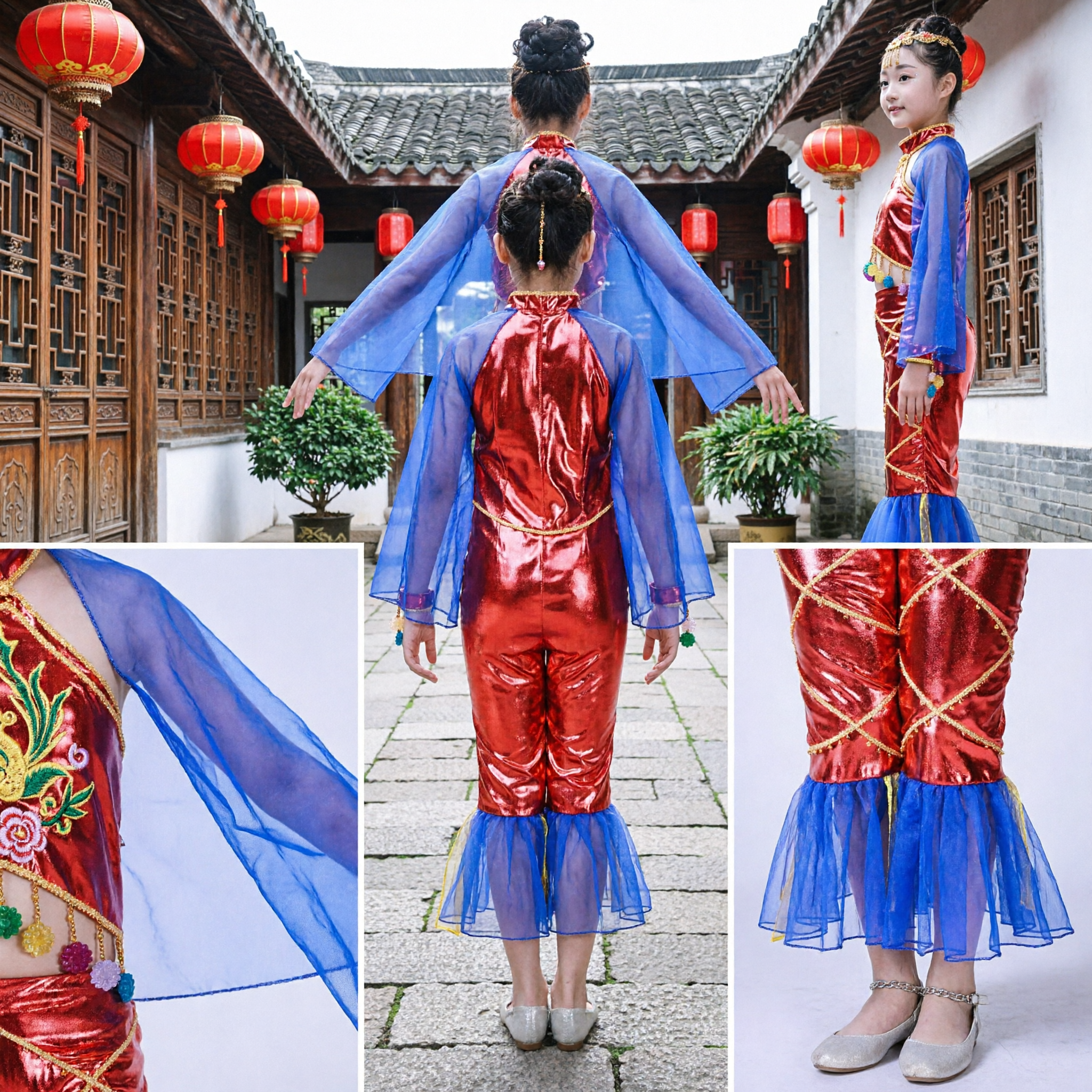 Chinese Traditional Dunhuang Dance Costume Kids Girls Red Flying Apsara Stage Performance Outfit - Asian Costume