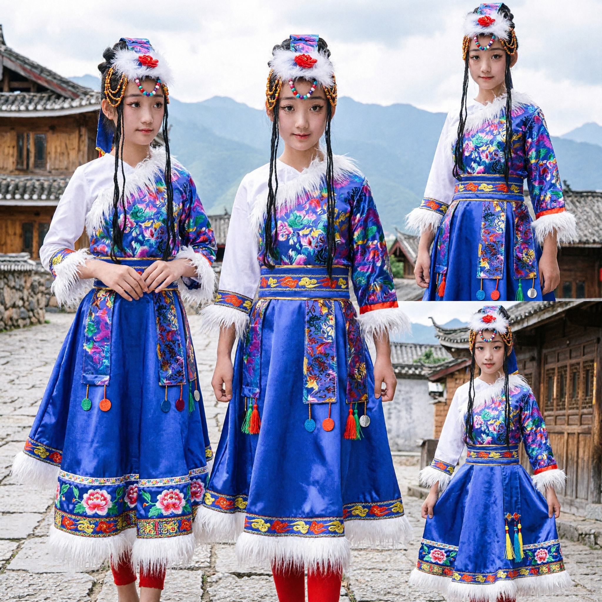 Kids Traditional Tibetan Ethnic Costume Blue Embroidered Folk Dance Dress with Fur Trim and Hat for Girls - Asian Costume