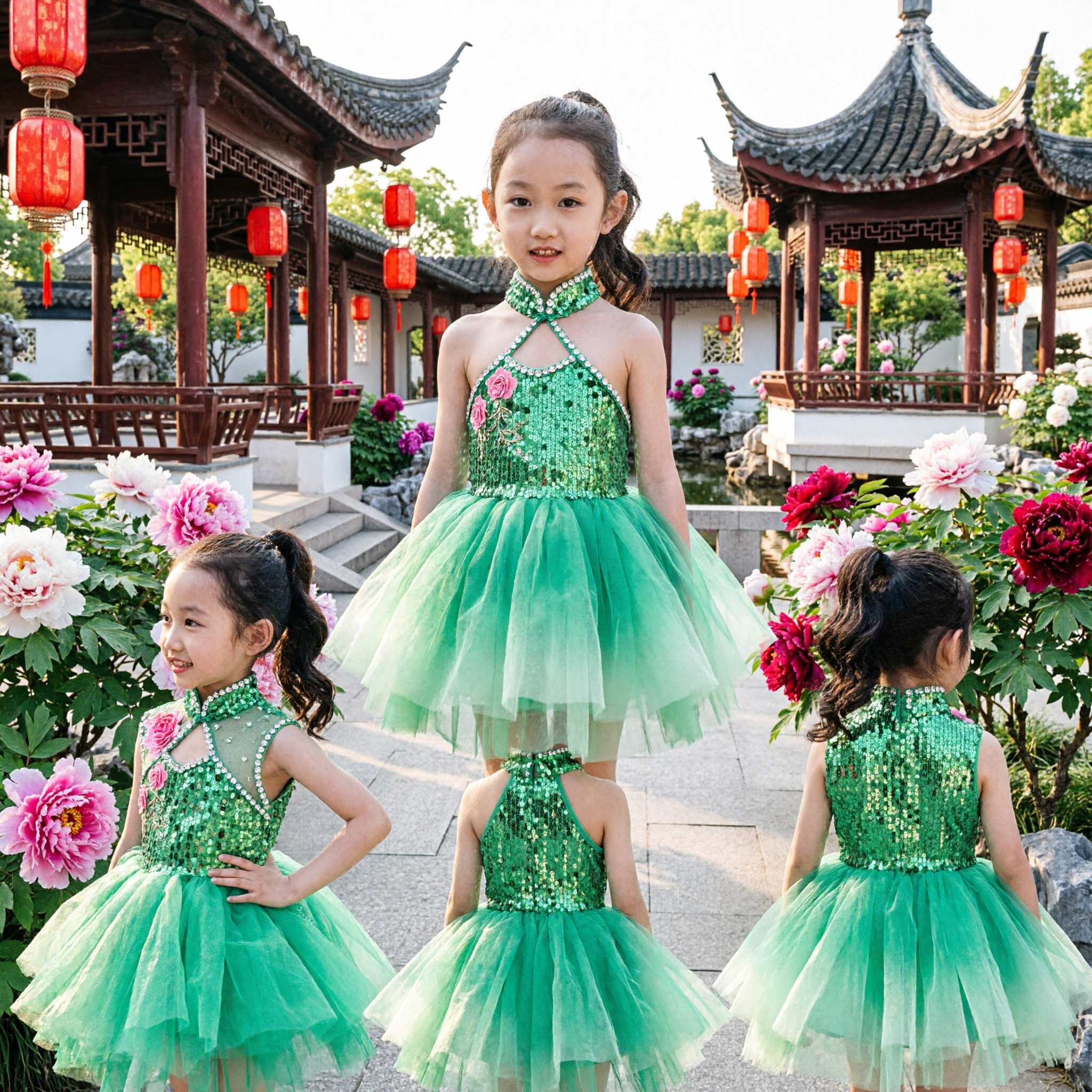Kids Girls Green Sequin Chinese Folk Dance Costume Traditional Stage Performance Dress - Asian Costume