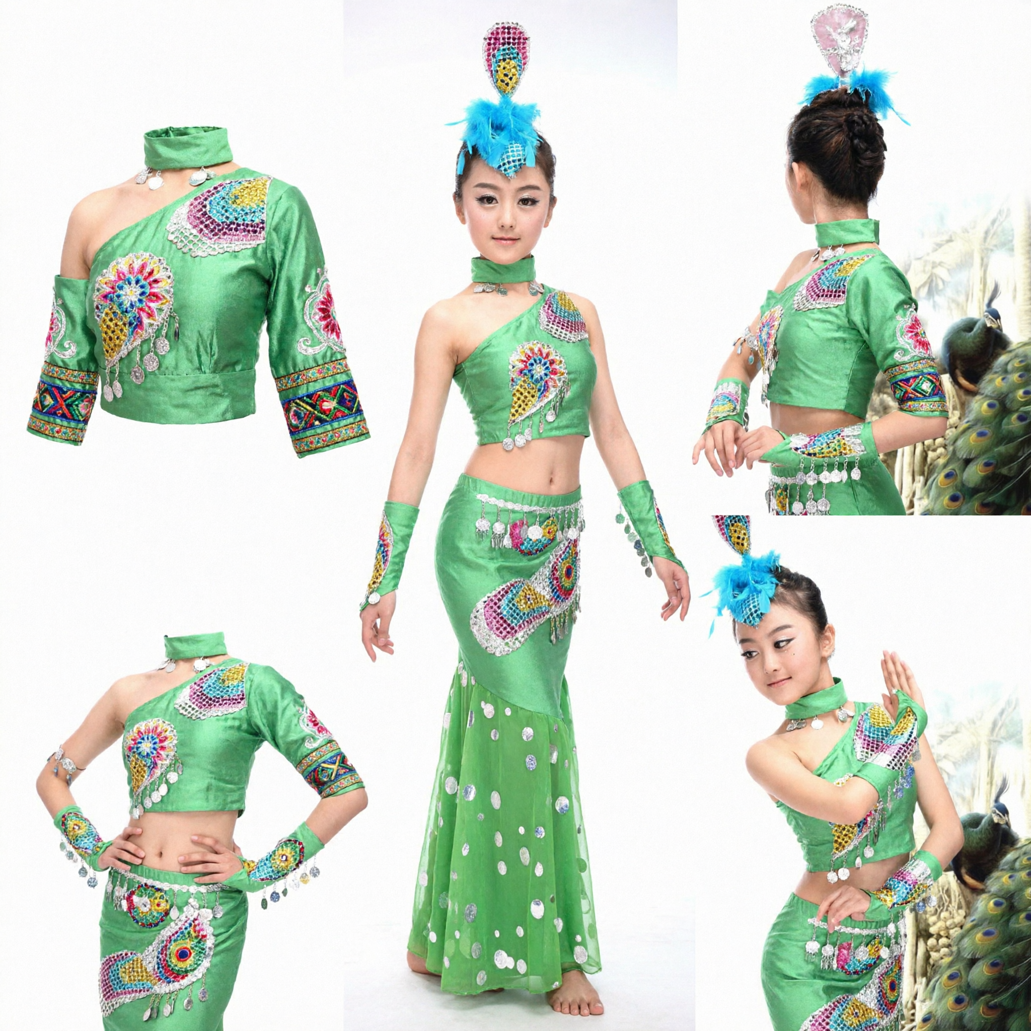 Girls Green Chinese Dai Peacock Dance Costume Traditional Ethnic Stage Performance Dress with Headpiece - Asian Costume