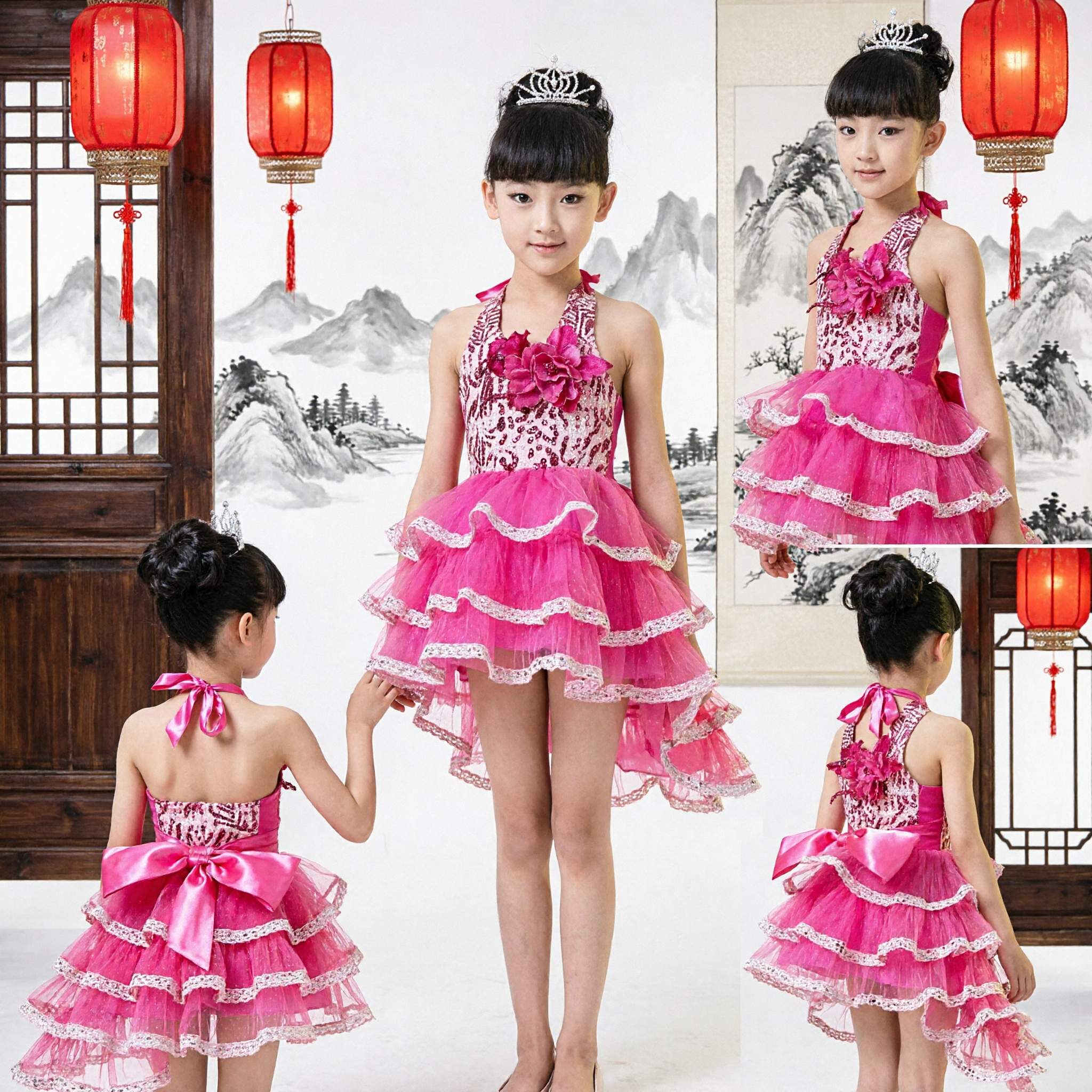 Girls Pink Halter Latin Dance Dress Ruffle Ballroom Competition Performance Costume Kids Stage Wear - Asian Costume