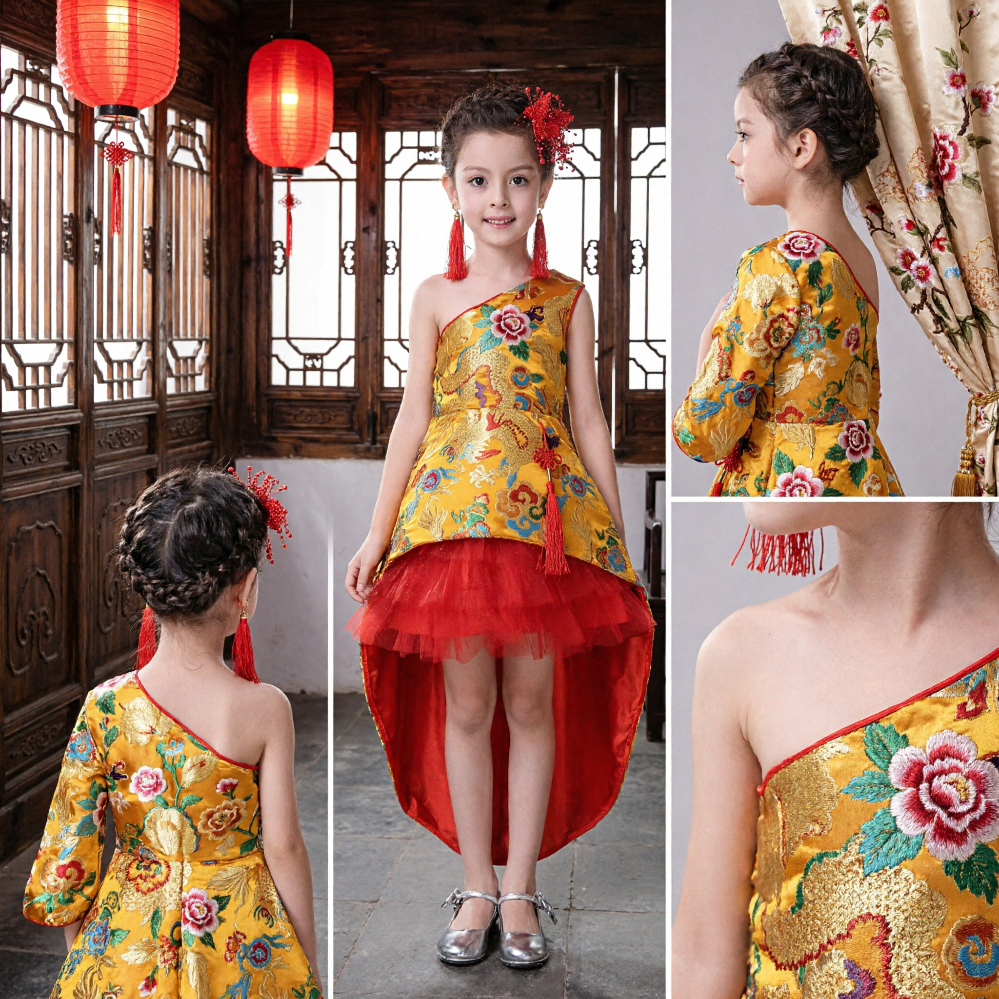 Girls Chinese Traditional Dragon Phoenix Brocade Cheongsam Dress Red Tulle Skirt Kids Performance Costume - Asian Costume