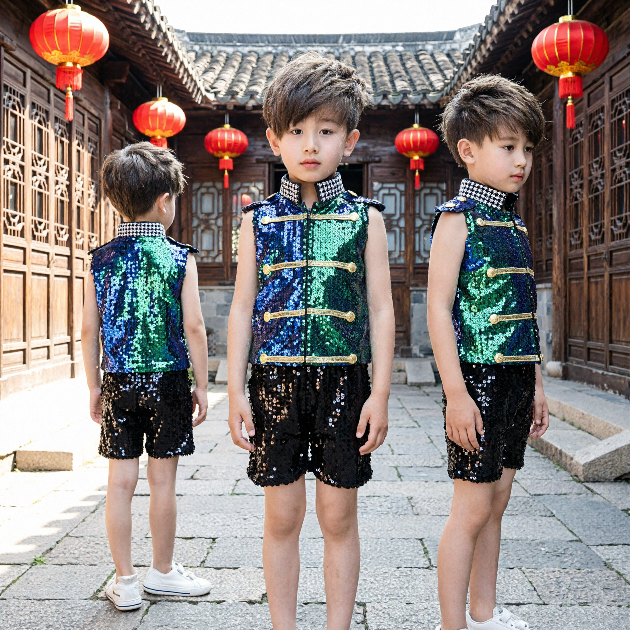 Boys Sparkly Sequin Vest and Shorts Set Chinese Tang Suit Style Stage Dance Performance Costume - Asian Costume
